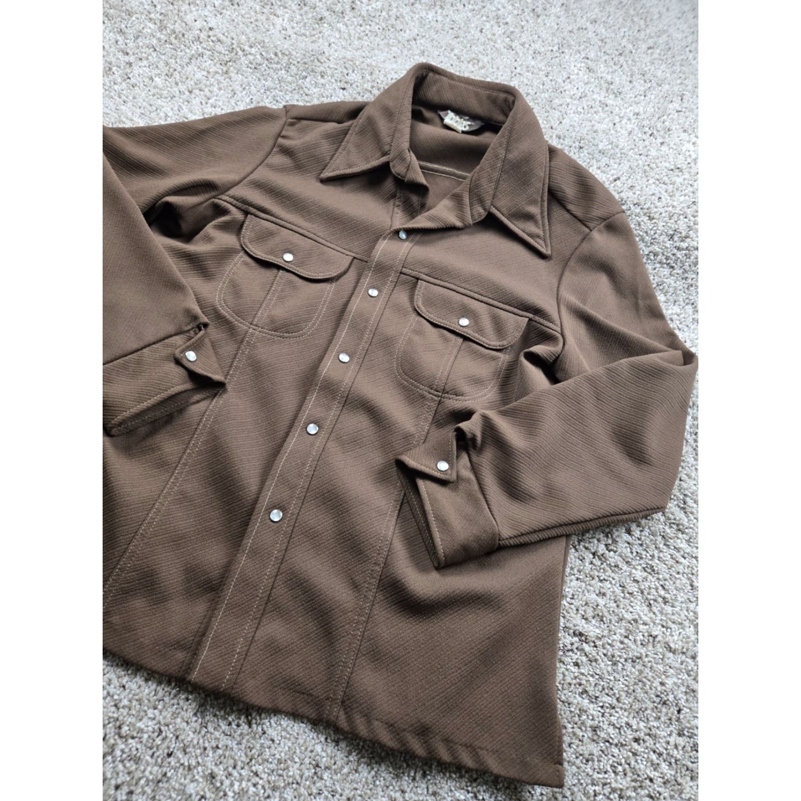 CO VINTAGE Tobias Shirt XL Mens Brown 1970s A-1 Kotzin Co Disco Pearl Snap Button-Front Polyester Jacket Size US XL / EU 56 / 4 - 2 Thumbnail