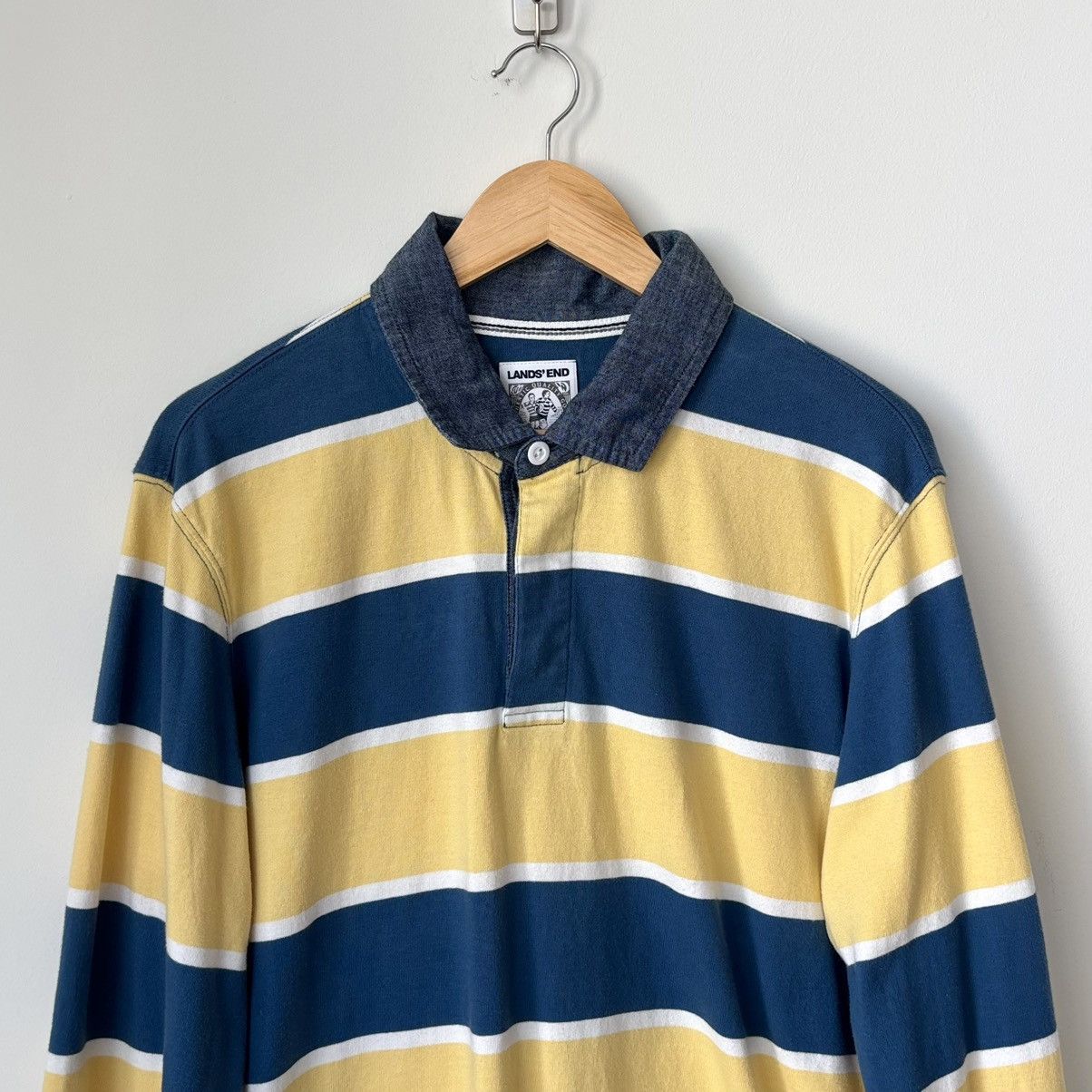 Lands' End Vintage Polo Rugby Shirt Blue Yellow Striped Y2K 90s Size US L / EU 52-54 / 3 - 2 Thumbnail