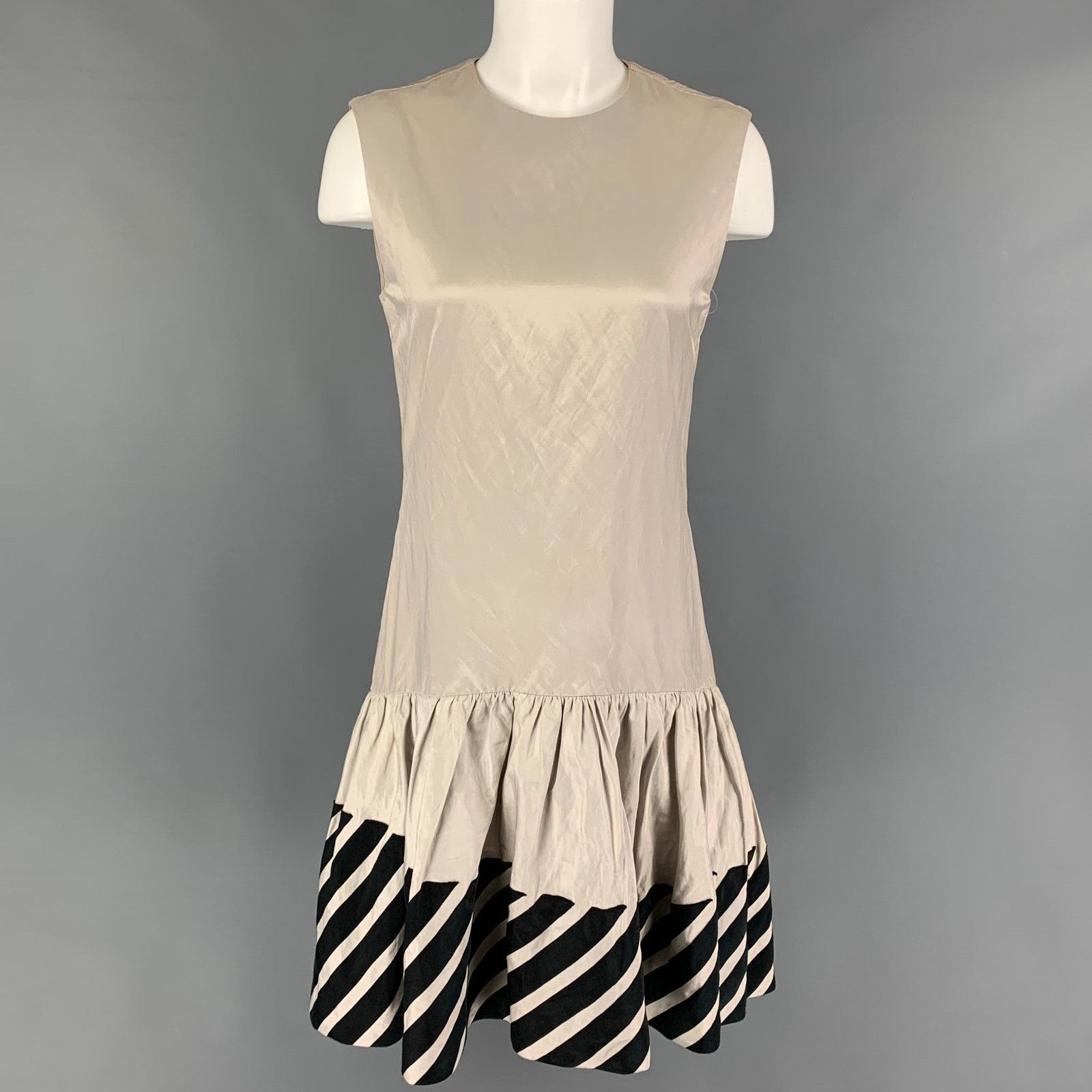 Size 6 Beige Black Cotton Cupro Sleeveless Dress