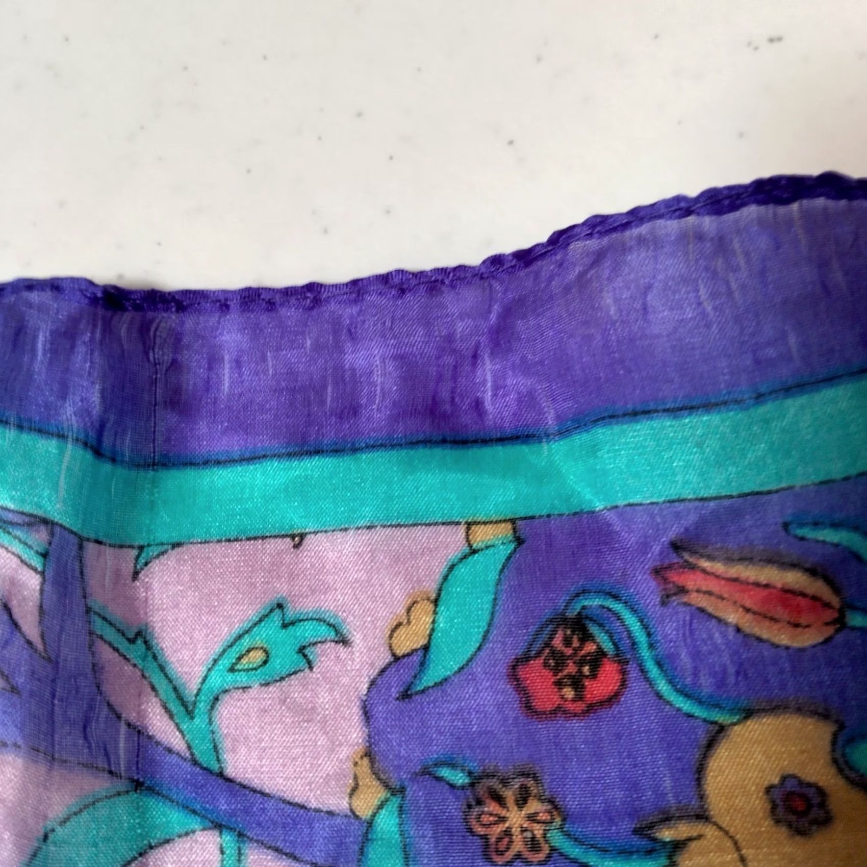 Vintage VINTAGE Scarf Purple Blue Gold Floral Medallion Rectangle Distressed Silk 18.5x67" READ Womens Size ONE SIZE - 5 Thumbnail