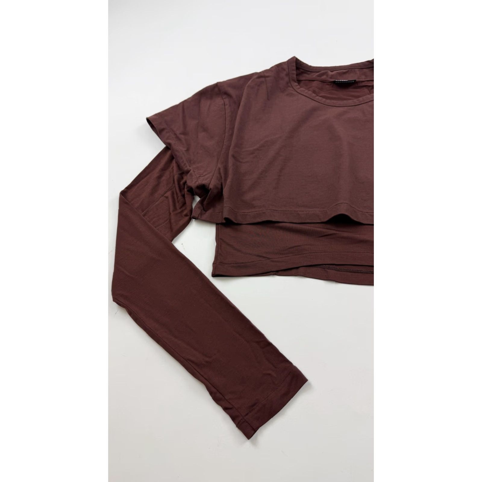 Jacquemus VINTAGE? No — Actually: JACQUEMUS Shirt Womens XXL Brown Layered 2-in-1 Cropped Long Sleeve Top, Designer Cotton/Lyocell Blend, Crew Neck, 2XL Womens Size XXL / US 16-18 / IT 52-54 - 4 Thumbnail