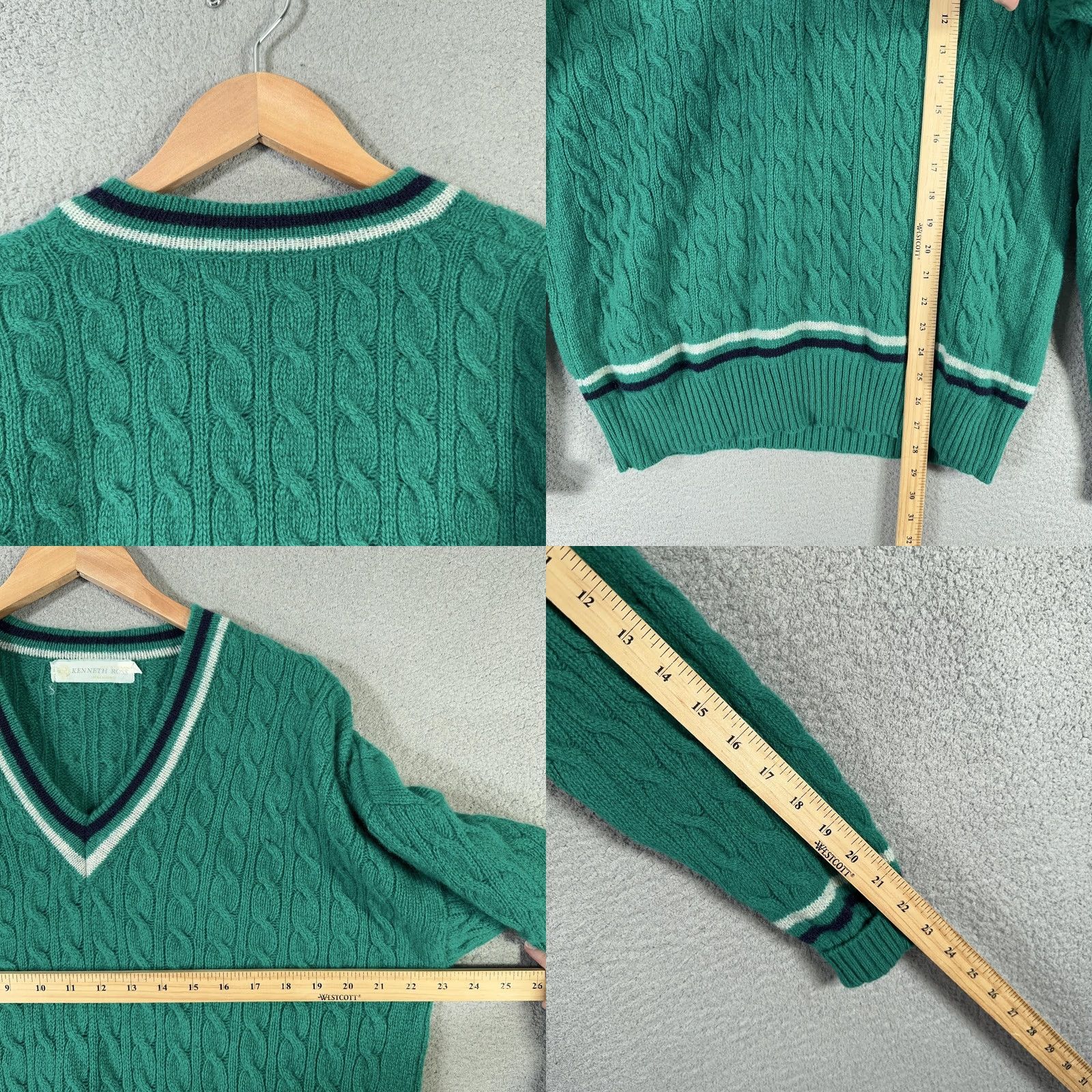 Vintage VINTAGE Kenneth Ross Cricket Sweater Men M Green Wool Knit Cable-Knit V-Neck 80s Scotland Pullover Size US M / EU 48-50 / 2 - 8 Thumbnail