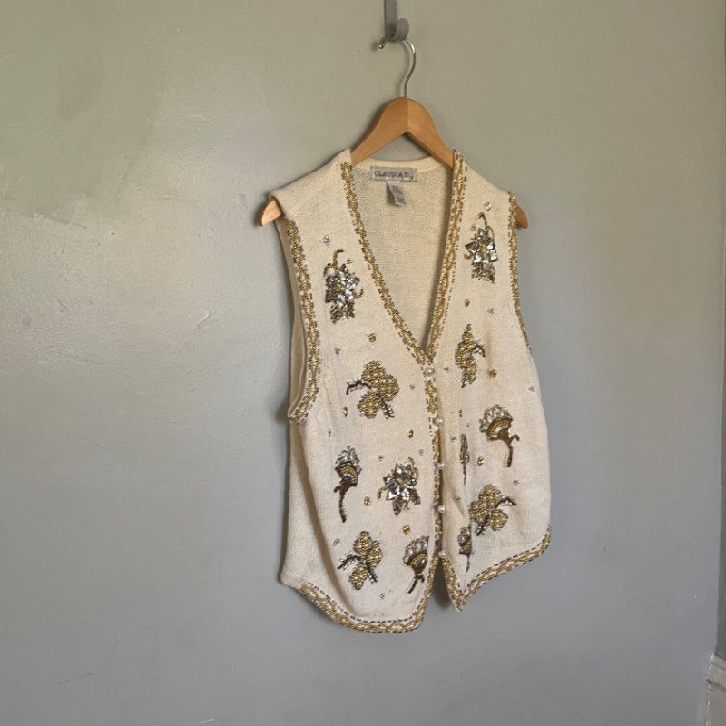 Designer Vintage Claudia D. Cream Embellished Vest Large Size XL / US 12-14 / IT 48-50 - 8 Thumbnail
