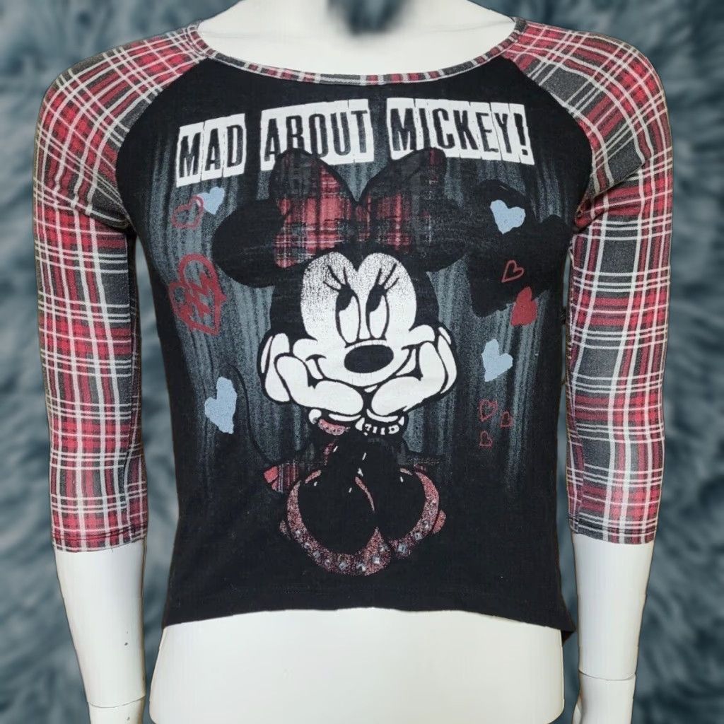 Disney VINTAGE Womens Jrs Girls Small Disney Minnie Mad About Mickey Long Sleeve Plaid T Shirt Size S / US 4 / IT 40 - 1 Thumbnail