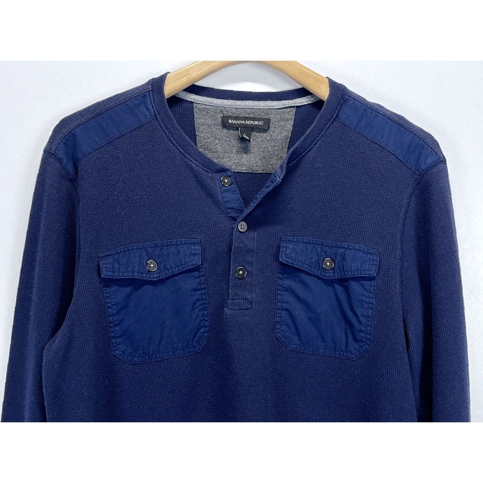 Banana Republic Mens Thermal Henley Shirt Large Mens Banana Republic Navy Waffle Knit Size US L / EU 52-54 / 3 - 3 Thumbnail