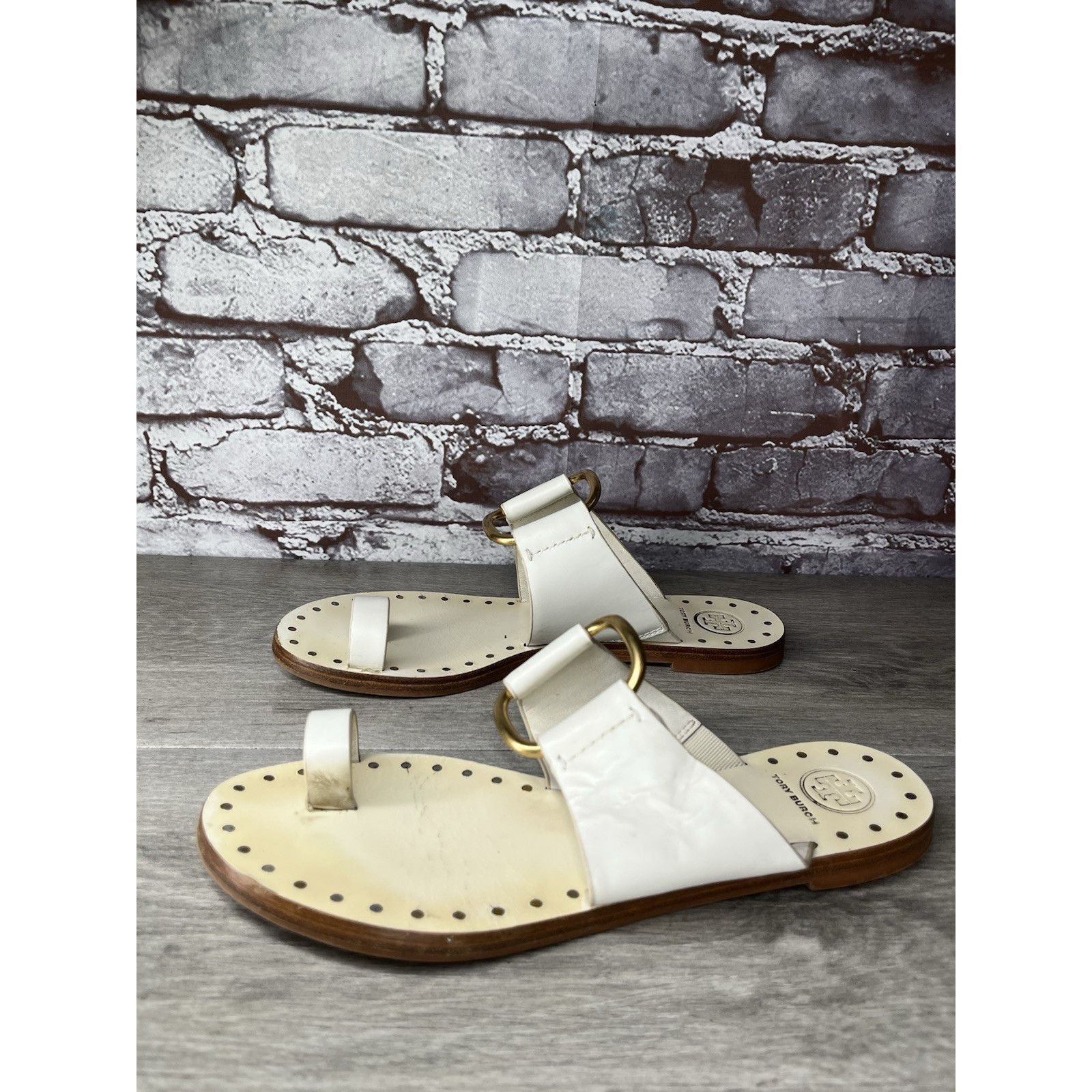 Tory Burch Tory Burch Ravello Studded White Leather Gold Rings Toe Post Size US 8 / IT 38 - 6 Thumbnail