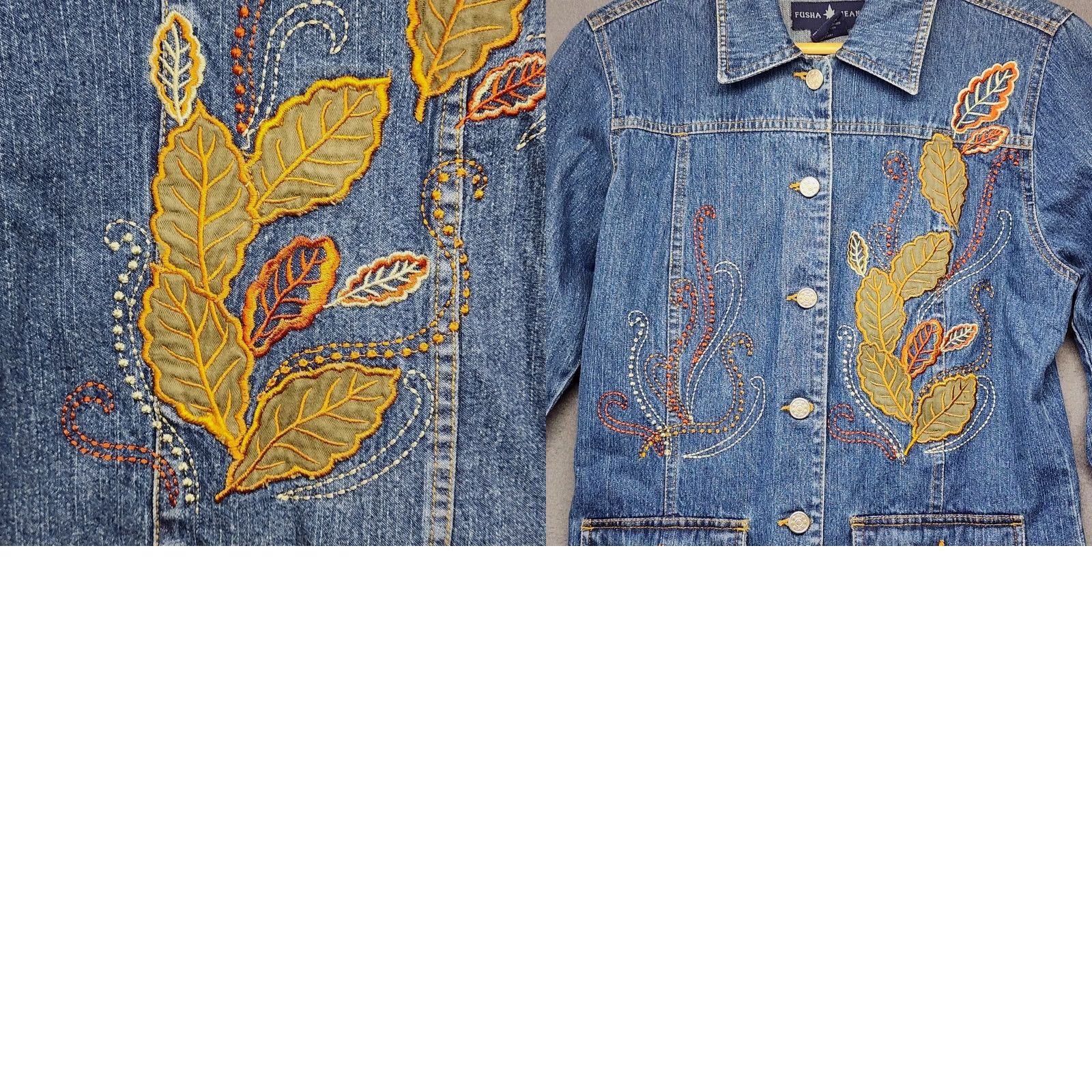 Denime Womens Denim Shirt Jacket Medium Blue Leaves Applique Embroidered Boho Artsy Shirt Woman M Blue Floral Long Sleeve Button-Up Mens? Size M / US 6-8 / IT 42-44 - 9 Thumbnail