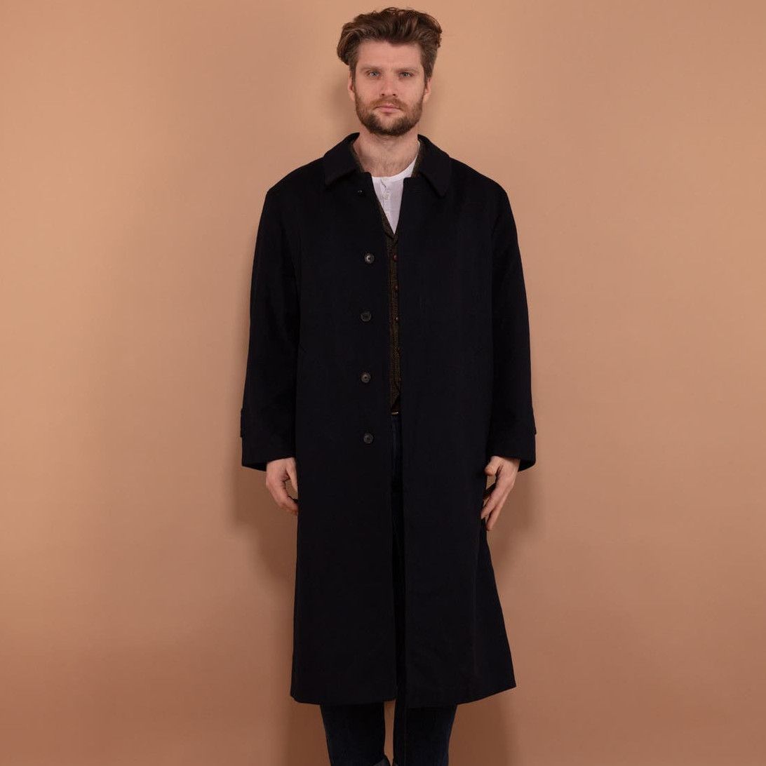 image of Vintage 80's Men Wool Blend Maxi Coat In Navy Blue (Size Large)