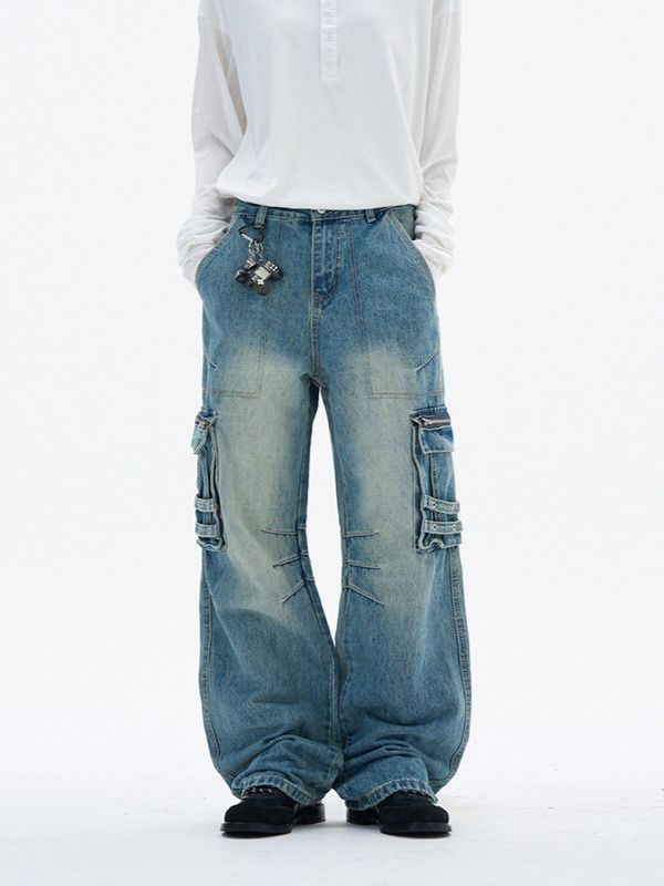 High street distressed straight-leg multi-pocket cargo jeans