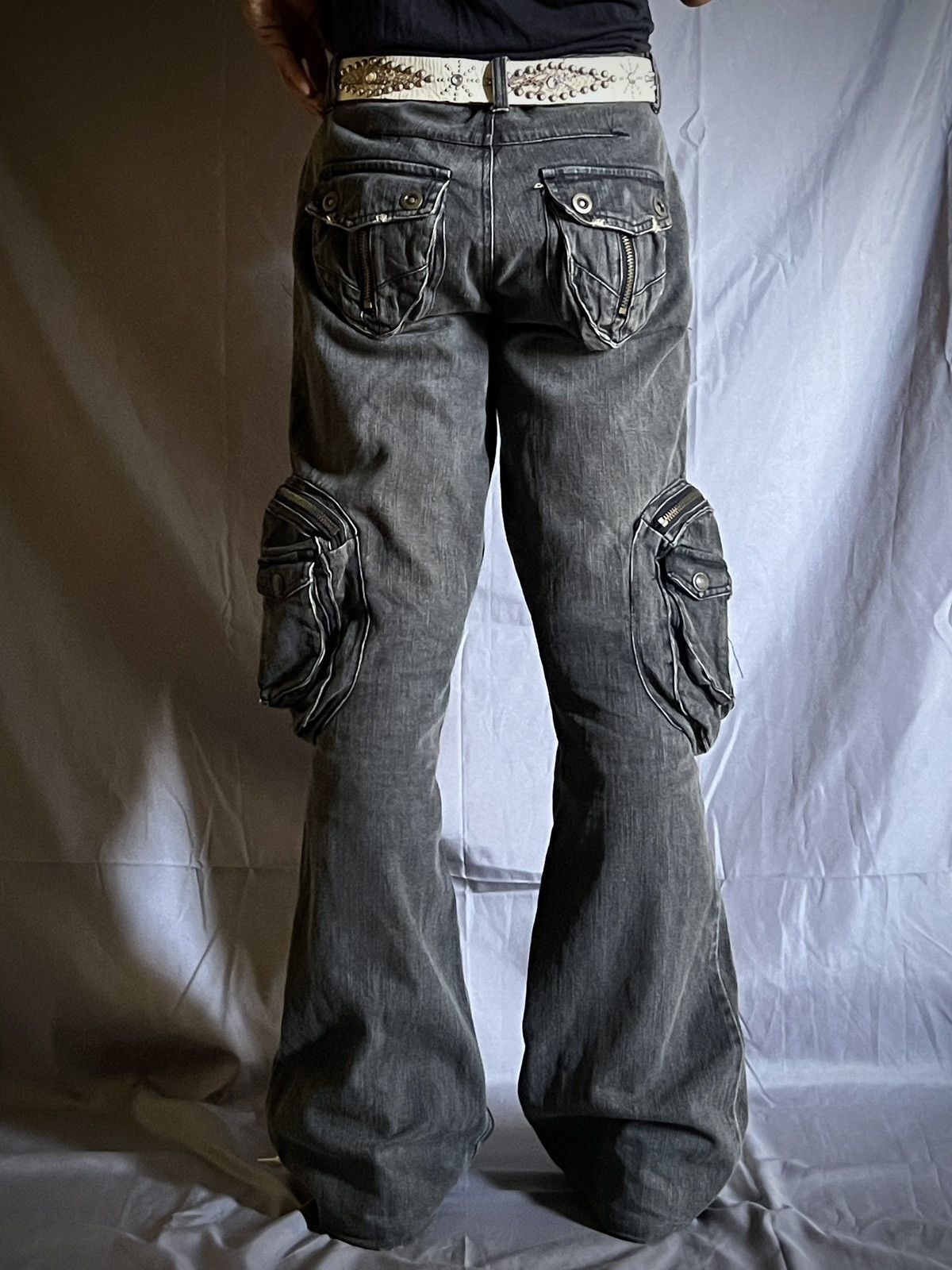 Japanese Brand Y2K Slow Hand Jam Black Cargo Flare Jeans Size US 34 / EU 50 - 4 Thumbnail