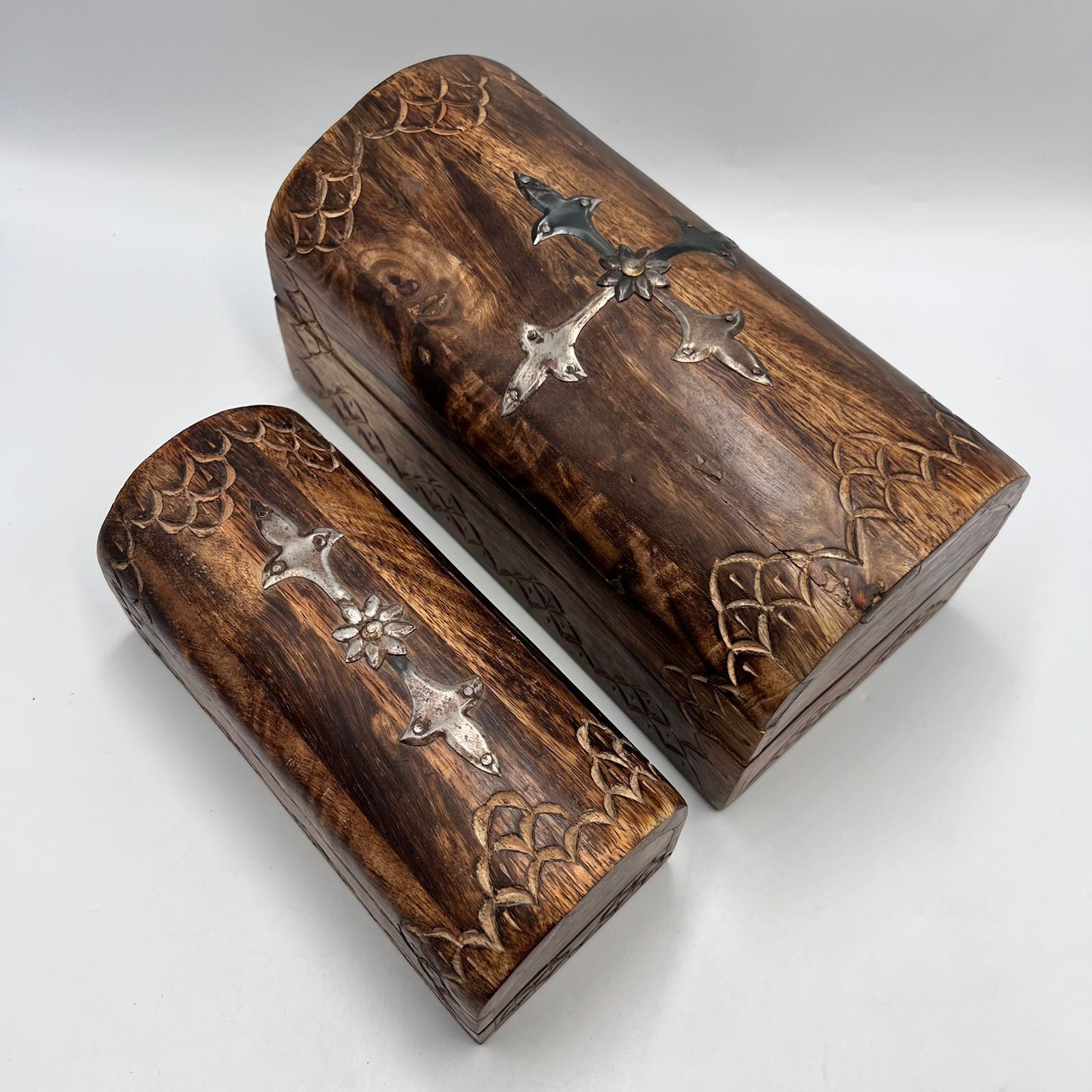 Vintage Vintage Carved Wooden Jewelry Boxes Set Handmade Hardwood Size ONE SIZE - 2 Thumbnail