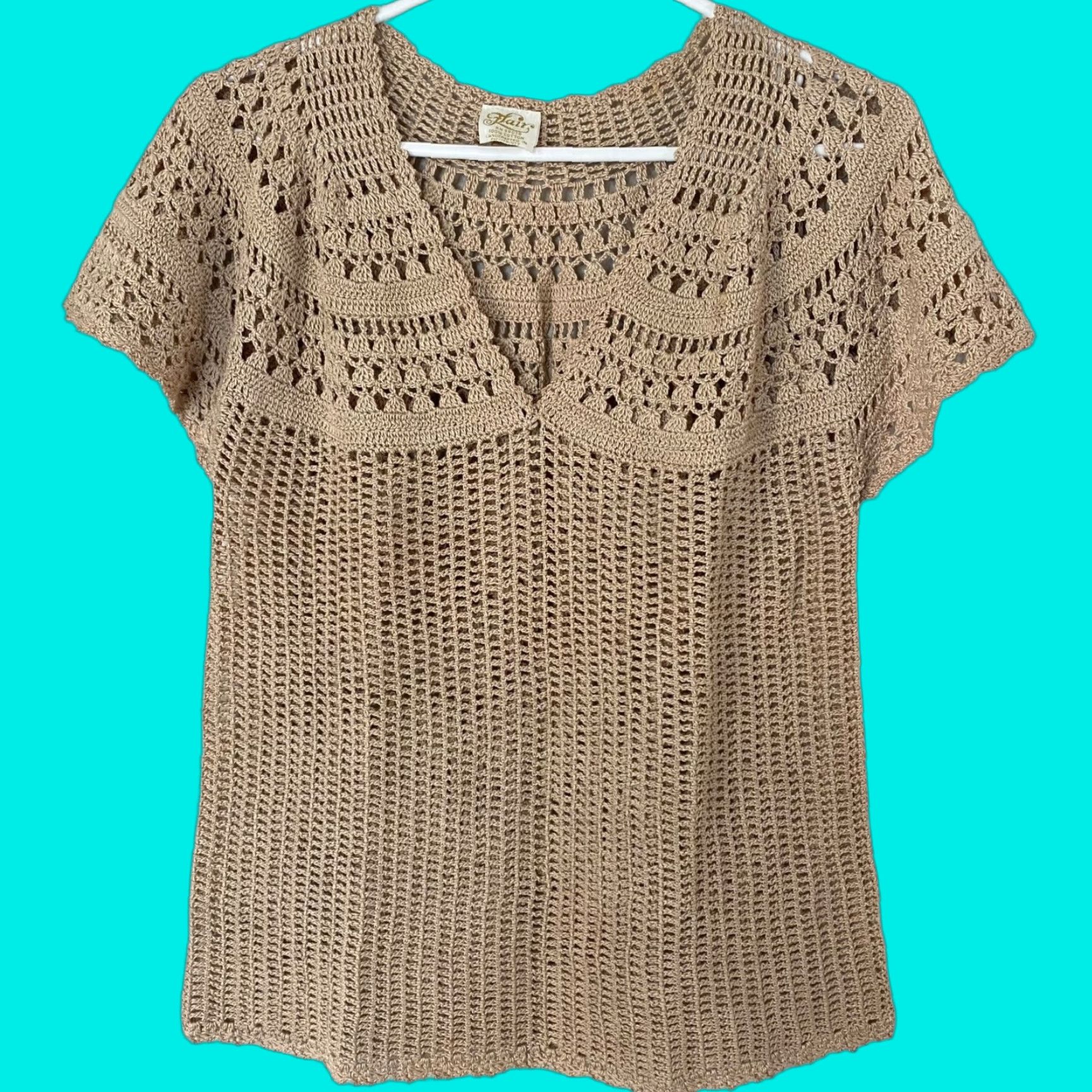 Vintage VINTAGE Flair Boho Crochet Knit V-Neck Blouse Womens Medium Short Sleeve Top Tan Beige Cotton Size M / US 6-8 / IT 42-44 - 1 Thumbnail