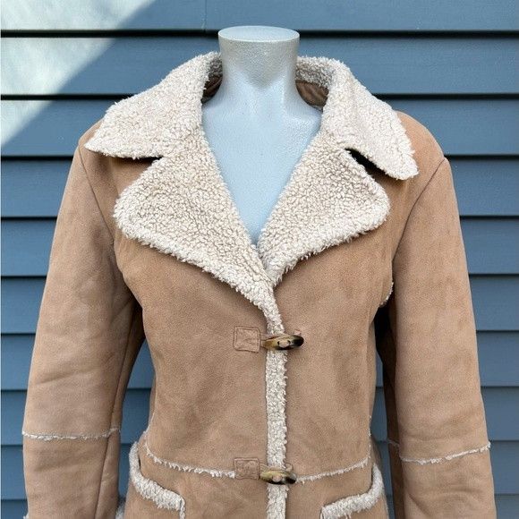 Jones New York Vintage 90s Tan Faux Suede Sherpa Penny Lane Toggle Coat Size L / US 10 / IT 46 - 2 Thumbnail