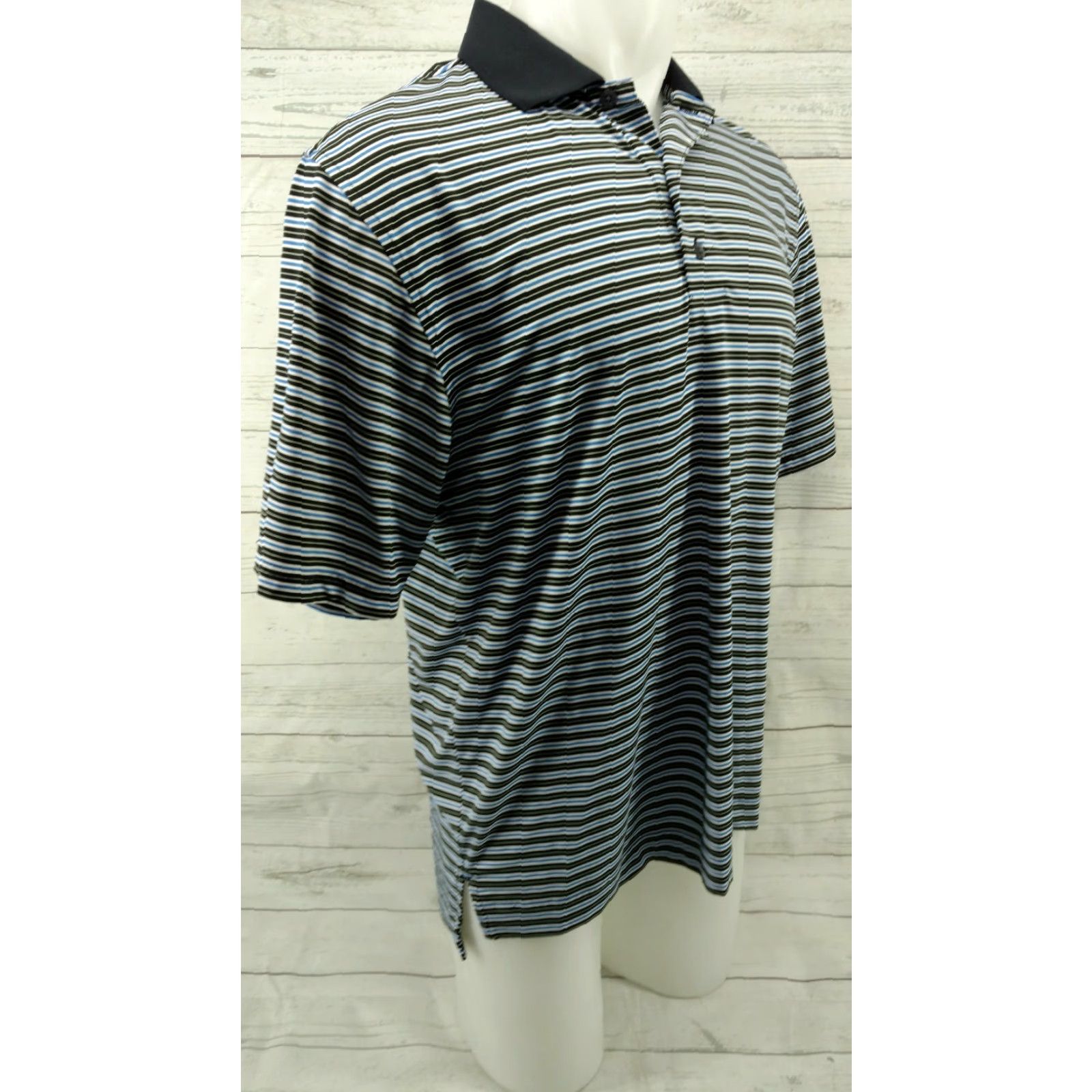 Footjoy FootJoy FJ Hombre Golf Club Polo Shirt Black Blue White Striped Spandex Medium Men Polo Shirt Short Sleeve Nylon Polyester Spandex Size US M / EU 48-50 / 2 - 4 Thumbnail