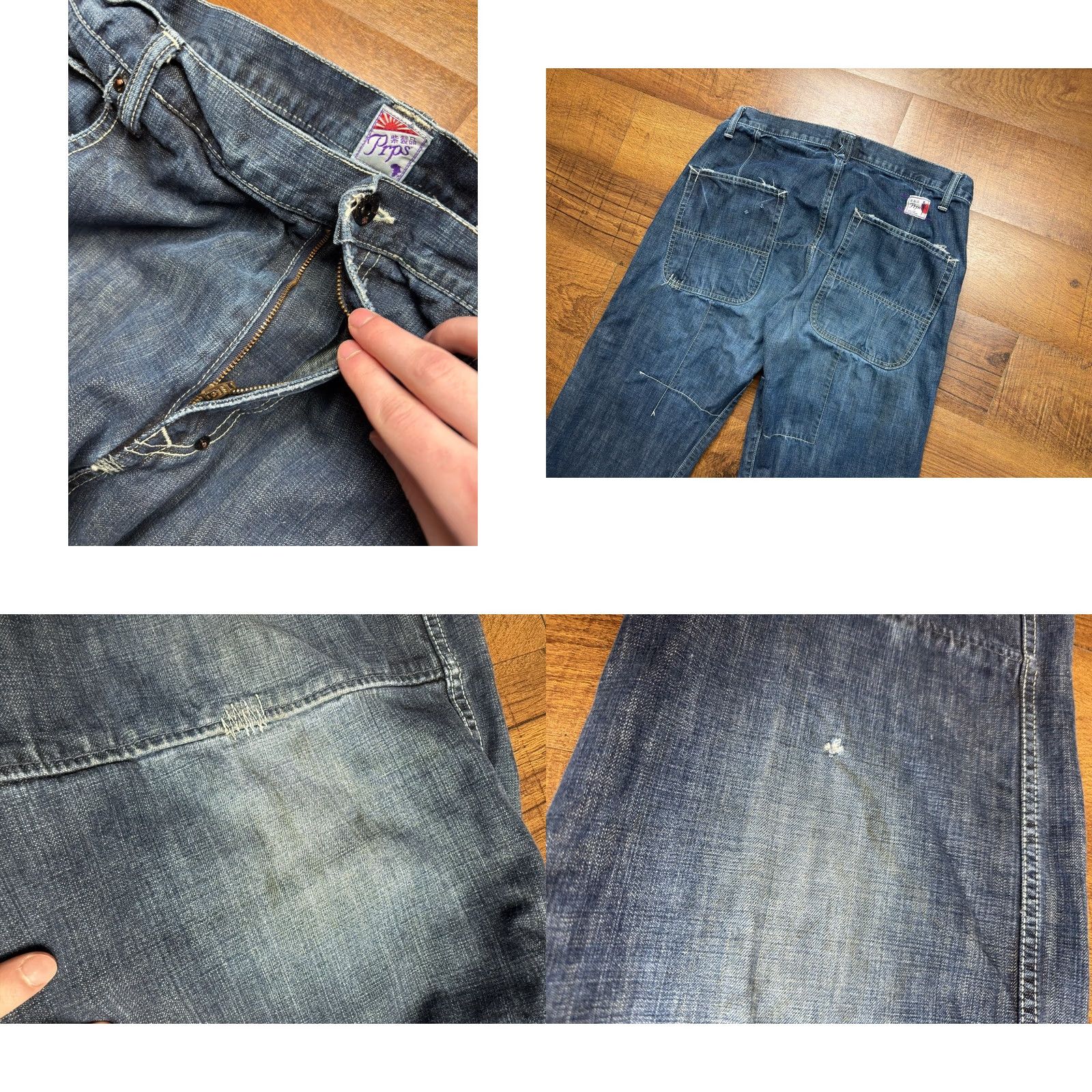 Prps PRPS Jeans Mens Japanese Denim Double Knee Distressed Painters Jeans 36x32 Blue Slim Straight Mens Size US 36 / EU 52 - 8 Thumbnail