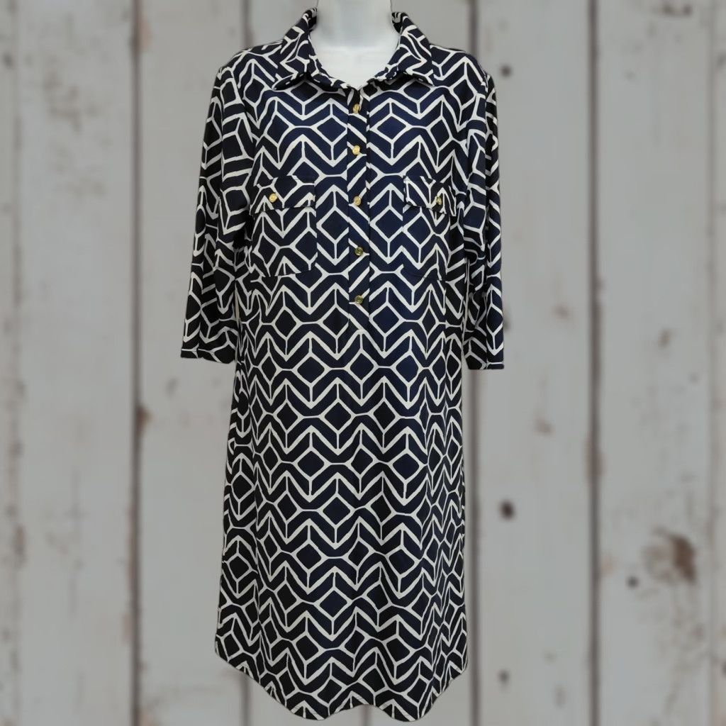 Vintage Jude Connally Shirt Dress Women's Large Blue/White Geometric Button Knit 3/4 Sleeve Knee Length VINTAGE? No, not vintage. Size L / US 10 / IT 46 - 1 Thumbnail
