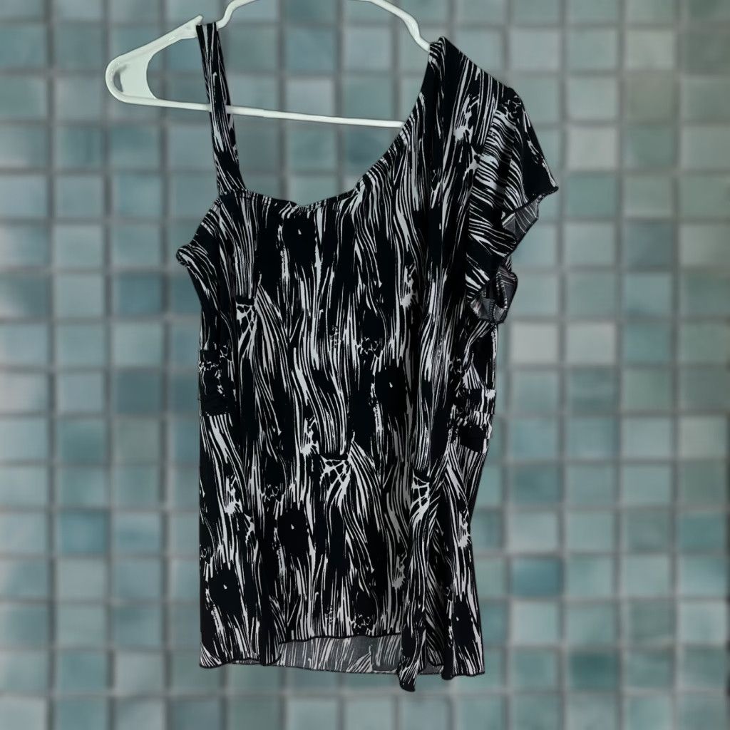 Vintage Saint Tropez West Womens Abstract Blouse Black Top Size L Sleeves Asymmetrical Size L / US 10 / IT 46 - 1 Thumbnail