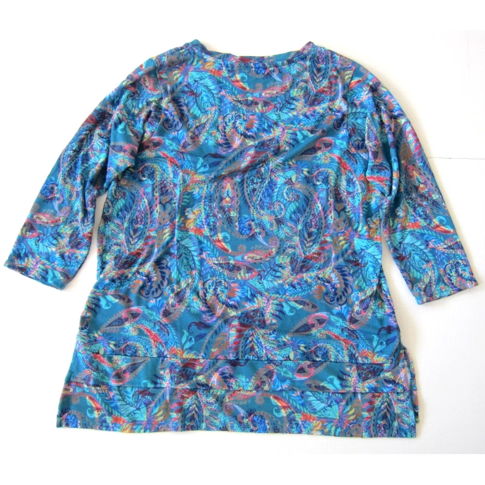 Soft Surroundings Soft Surroundings Blouse Tunic 3/4 Sleeve V-Neck PM Petite Women Blue Floral Stretch Blouse Size M / US 6-8 / IT 42-44 - 2 Thumbnail