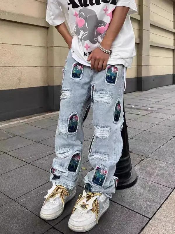 VIBE High Street Washed Ripped Patched Embroidered Jeans Size US 32 / EU 48 - 1 Thumbnail