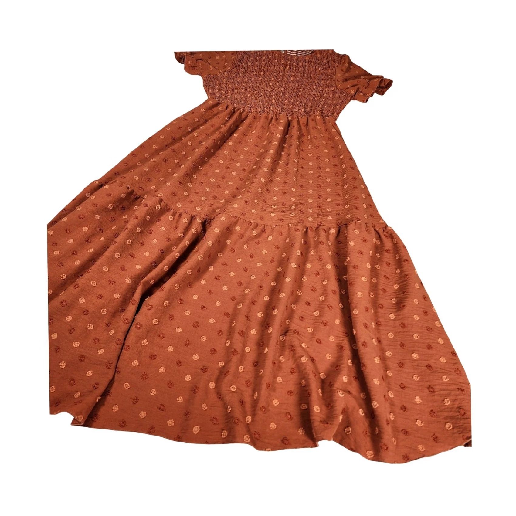 Shein SHEIN Rust Brown Swiss Dot Smocked Midi Dress Boho Tiered Short Puff Sleeve M Dress Womens Size 32" / US 10 / IT 46 - 2 Thumbnail