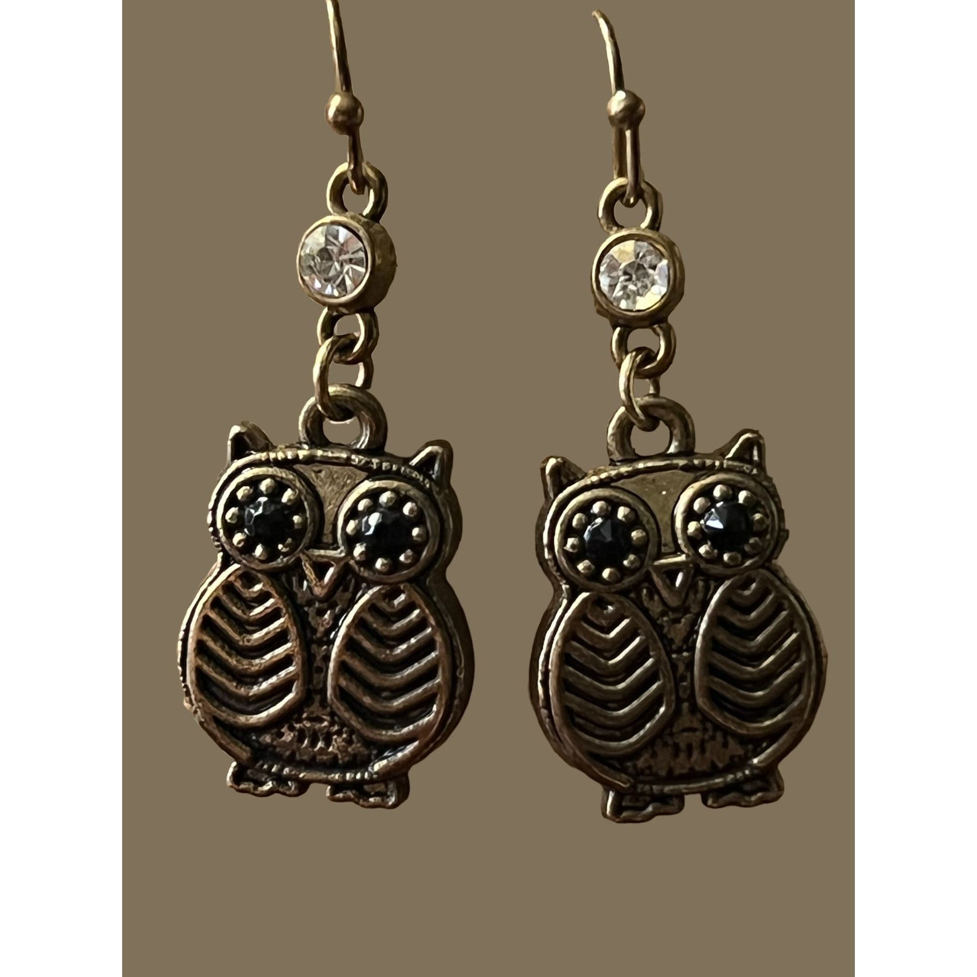 Other Antique gold owl dangle earrings hook black rhinestone eyes Size ONE SIZE - 1 Thumbnail