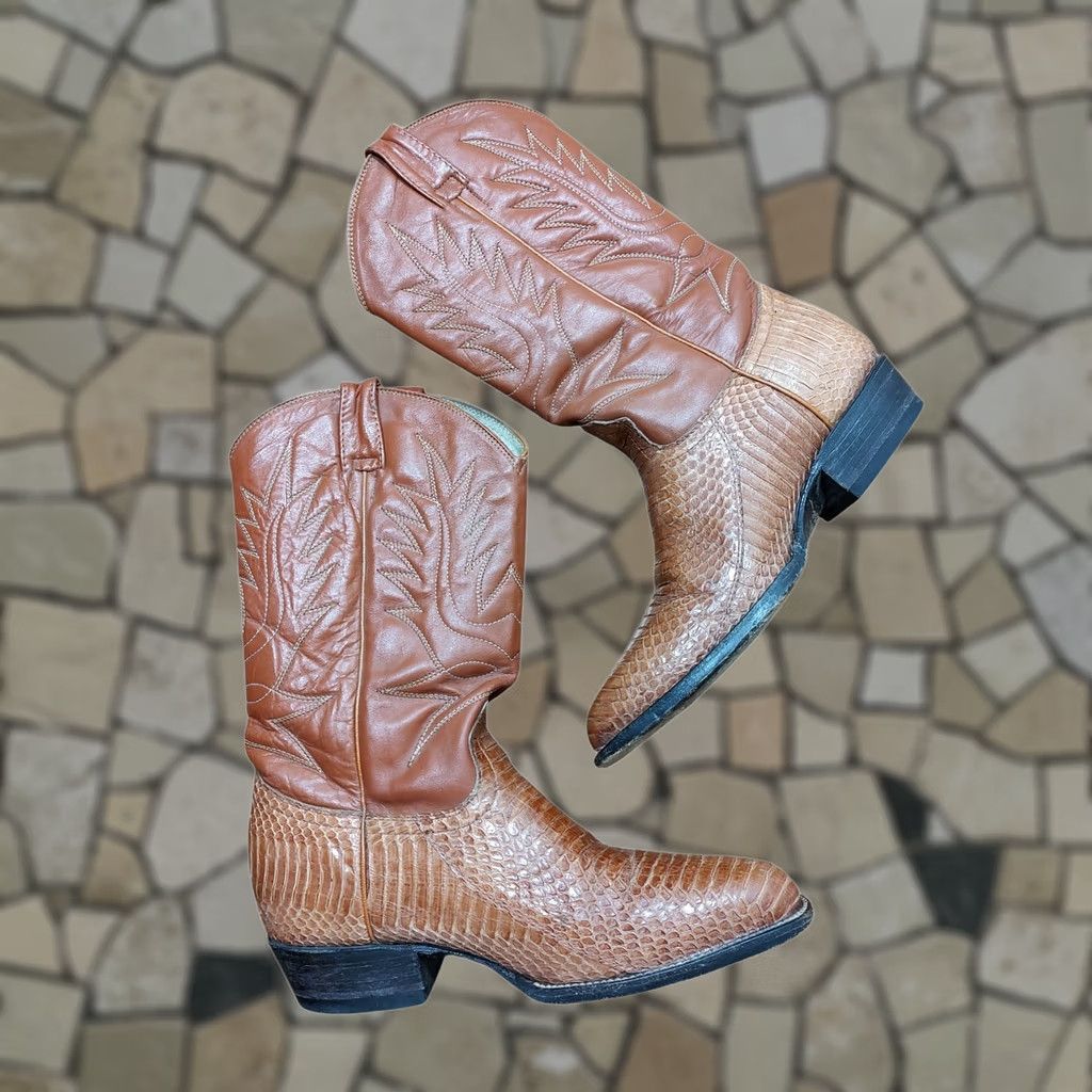 Skin VINTAGE Cow Jim Western Cowboy Snake Skin Boots Mens Size 9 D Brown Leather 90s Southwestern Cowboy Shoes Mens Size US 9 / EU 42 - 1 Thumbnail