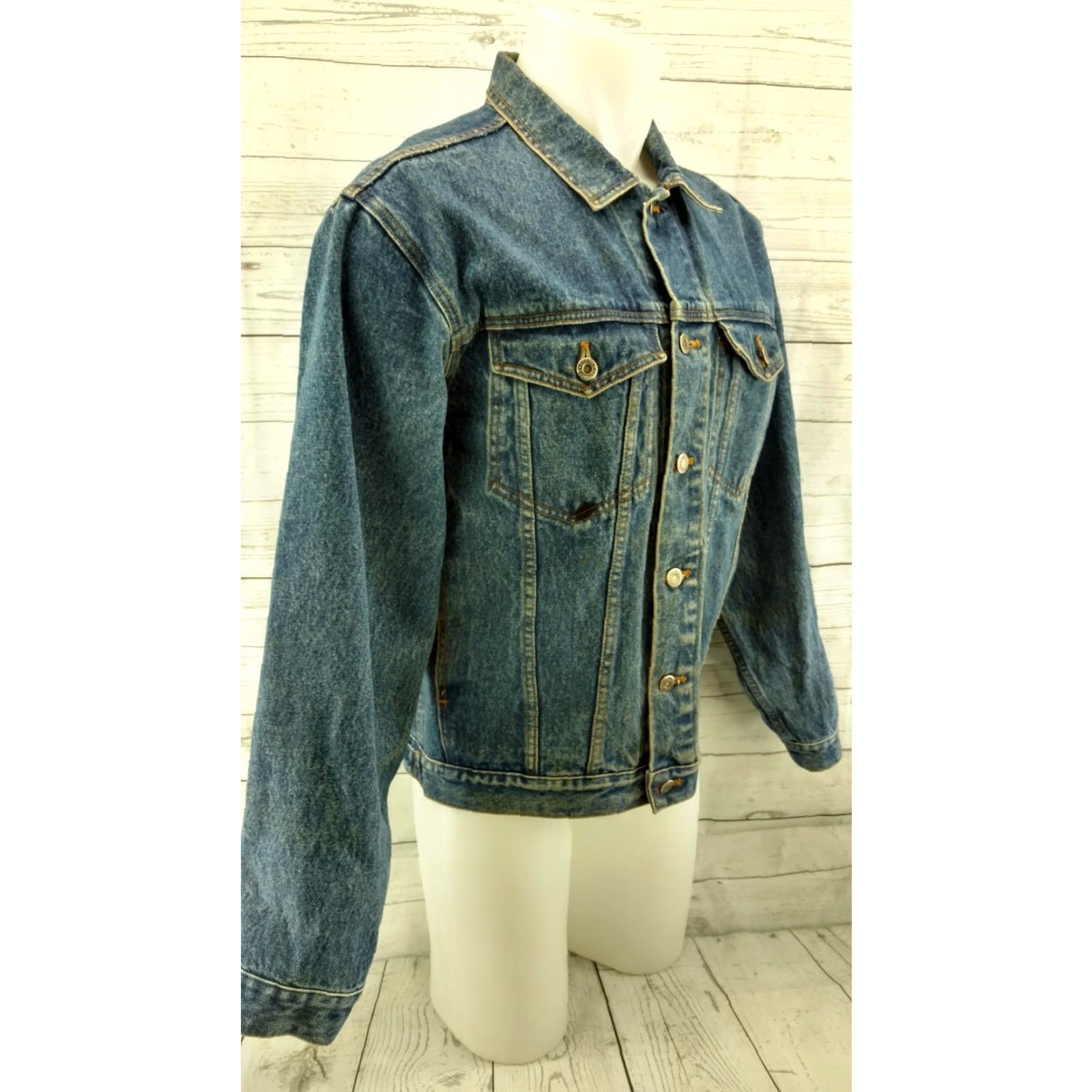 SMYTHE Smythe & Company Jean Jacket Trucker Blue Mens Size M Distressed Worn Stained Vintage? Size US 31 - 4 Thumbnail