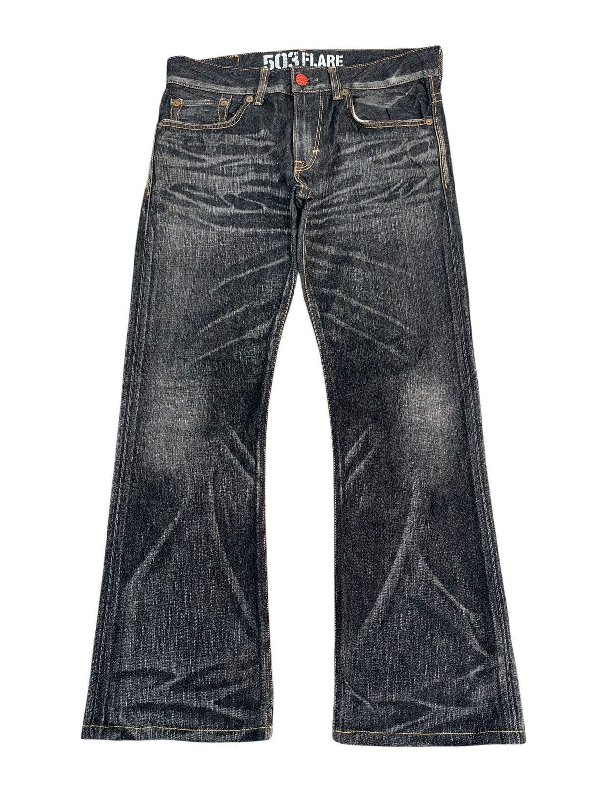 Edwin RARE💥EDWIN 503 FLARE BLUE TRIP CLAWNMARK MUDWASH DENIM Size US 35 - 2 Thumbnail