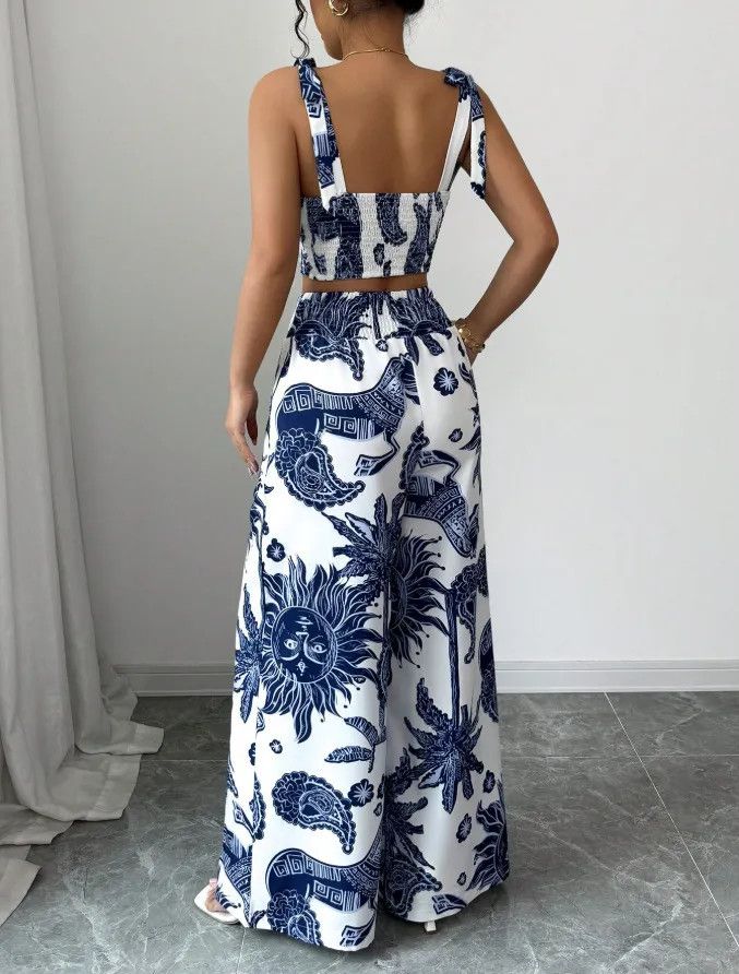Other Sexy V-neck Strap Vest Loose Crop Top With Wide Leg Pants Size XL / US 12-14 / IT 48-50 - 2 Thumbnail