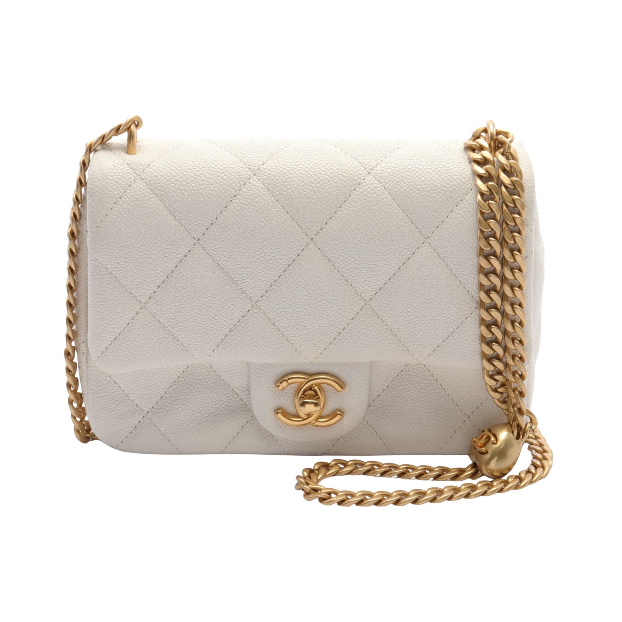 Chanel Chain Shoulder Bag Caviar Skin White Antique Gold Hardware