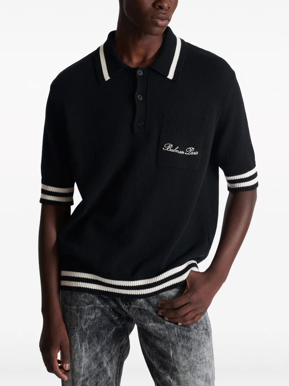 Balmain o1s1wg110925 Logo Embroidered Striped Polo Shirt in Black Size US S / EU 44-46 / 1 - 2 Thumbnail