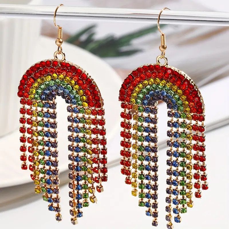 Other Rainbow Rhinestone Dangle Earrings Colorful Statement Size ONE SIZE - 3 Thumbnail