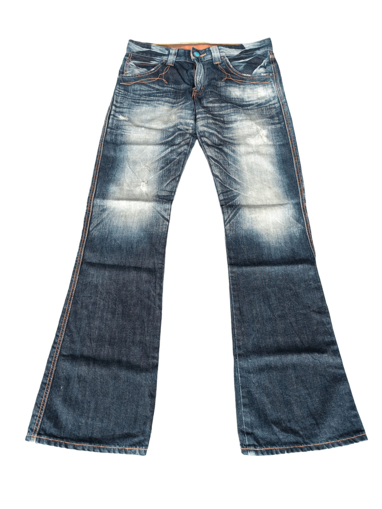 image of Avant Garde x Tornado Mart Flared Vintage Edwin Blue Trip Distressed Low Rise Denim, Men's (Size 30