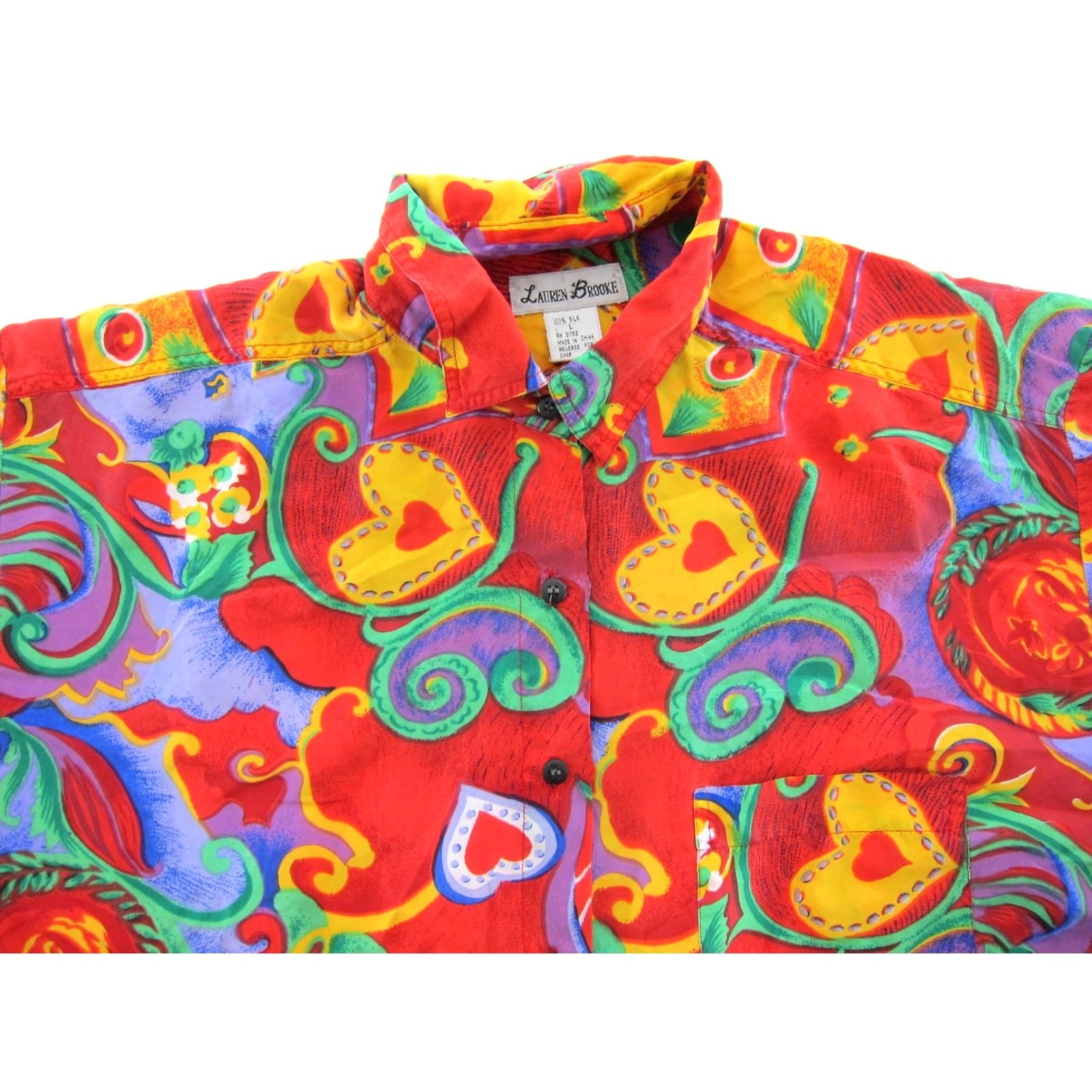 Vintage Lauren Brooke Blouse Shirt L Women Red Silk Heart Floral Short Sleeve Button Up Blouse Size L / US 10 / IT 46 - 4 Thumbnail