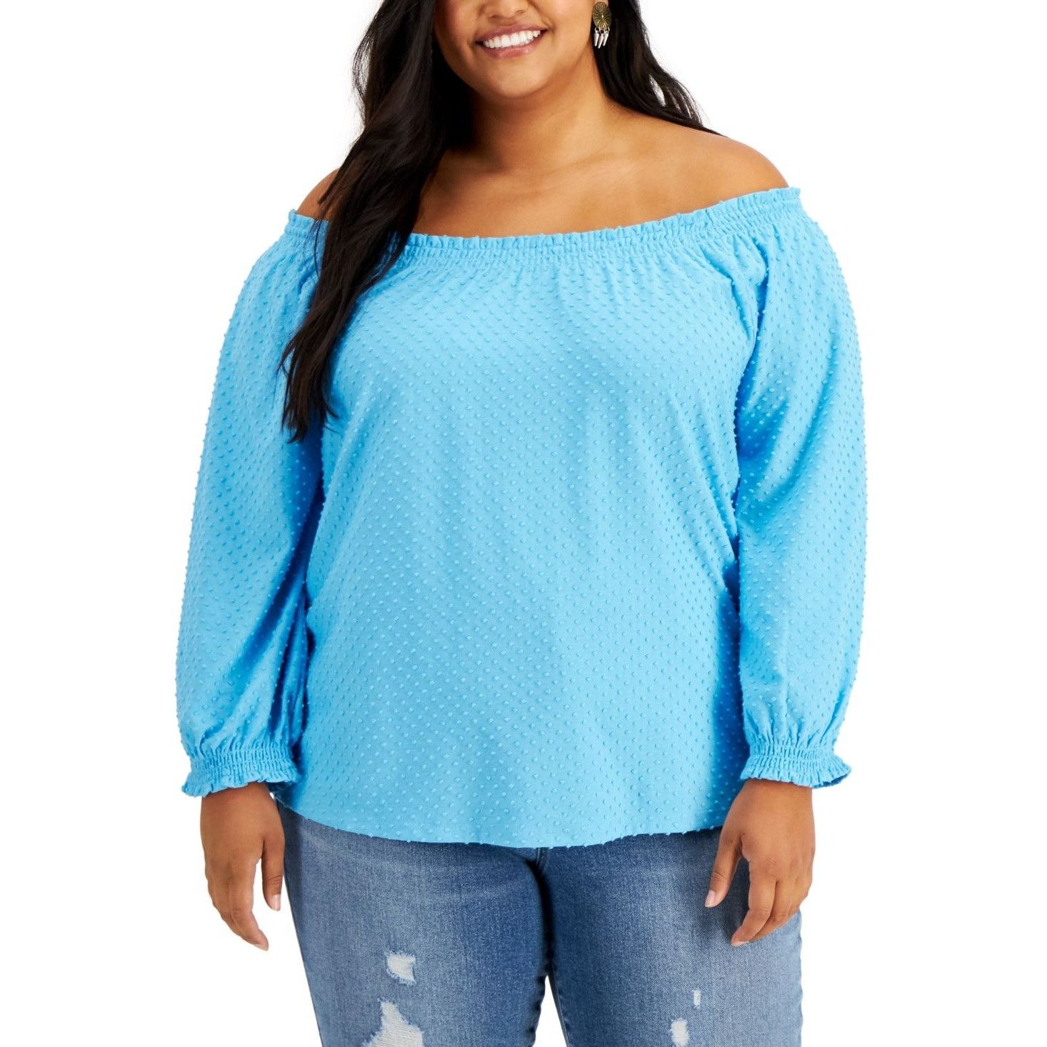 Style & Co Style Co Plus Size Off-the-Shoulder Swiss Dot Top, Aqua Blue Size ONE SIZE - 1 Thumbnail