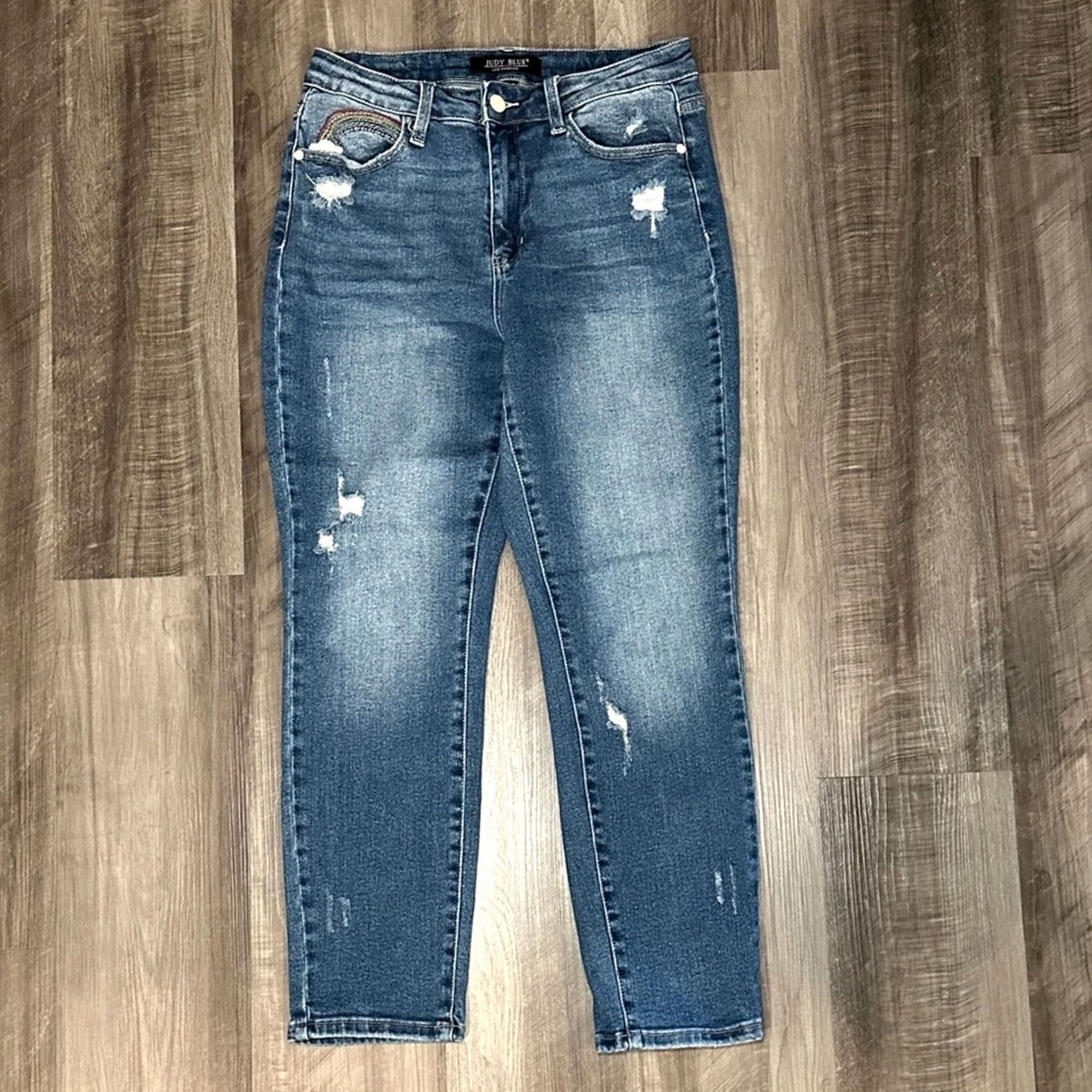 Rainbow Judy Blue Rainbow Embroidered Straight Leg Jeans - Women 29 Regular Blue Distressed 9/29 Size 29" - 2 Thumbnail