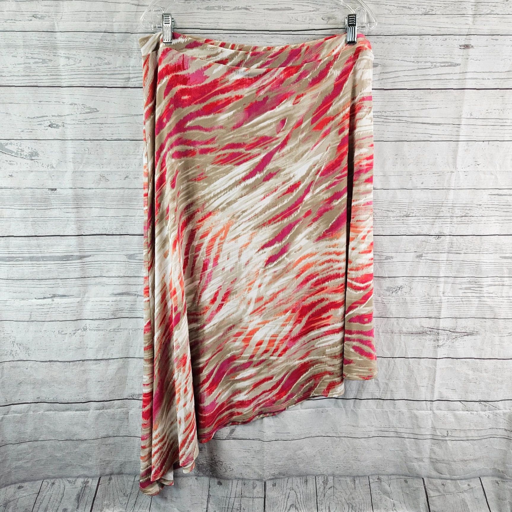 Vintage Chicos Womens Skirt Asymmetrical Midi Pull On L Red Tan, Size L, Polyester Blend, Womens, Midi, 25.5"/35.5" Length, 18.5" Waist, Great Used Condition Size 36" / US 14 / IT 50 - 2 Thumbnail