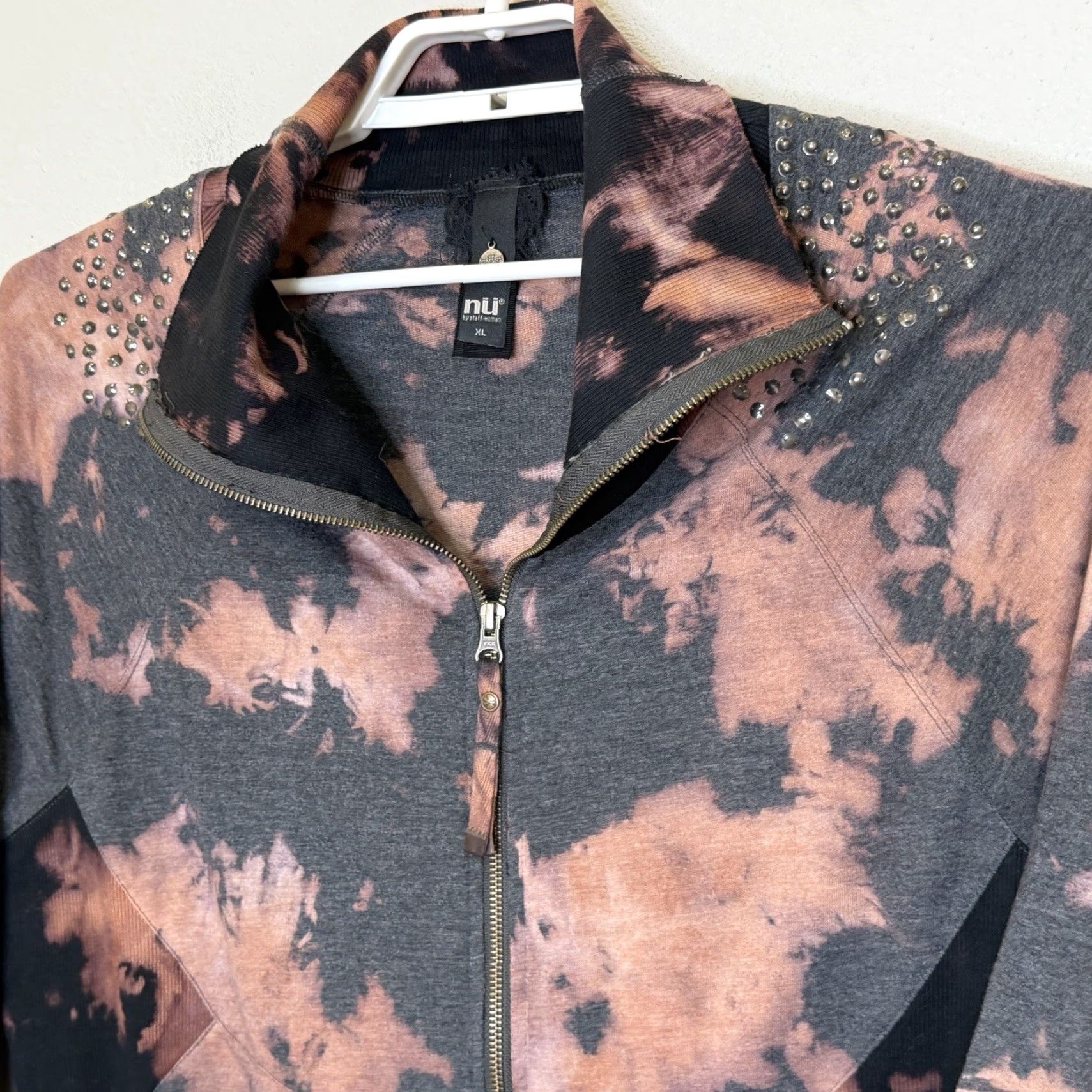 Vintage NU by Staff Woman Full Zip Tunic Jacket XL Tie Dye Pockets Long Sleeve Grunge Jersey Knit Beaded Casual Jacket Womens Size XL / US 12-14 / IT 48-50 - 2 Thumbnail