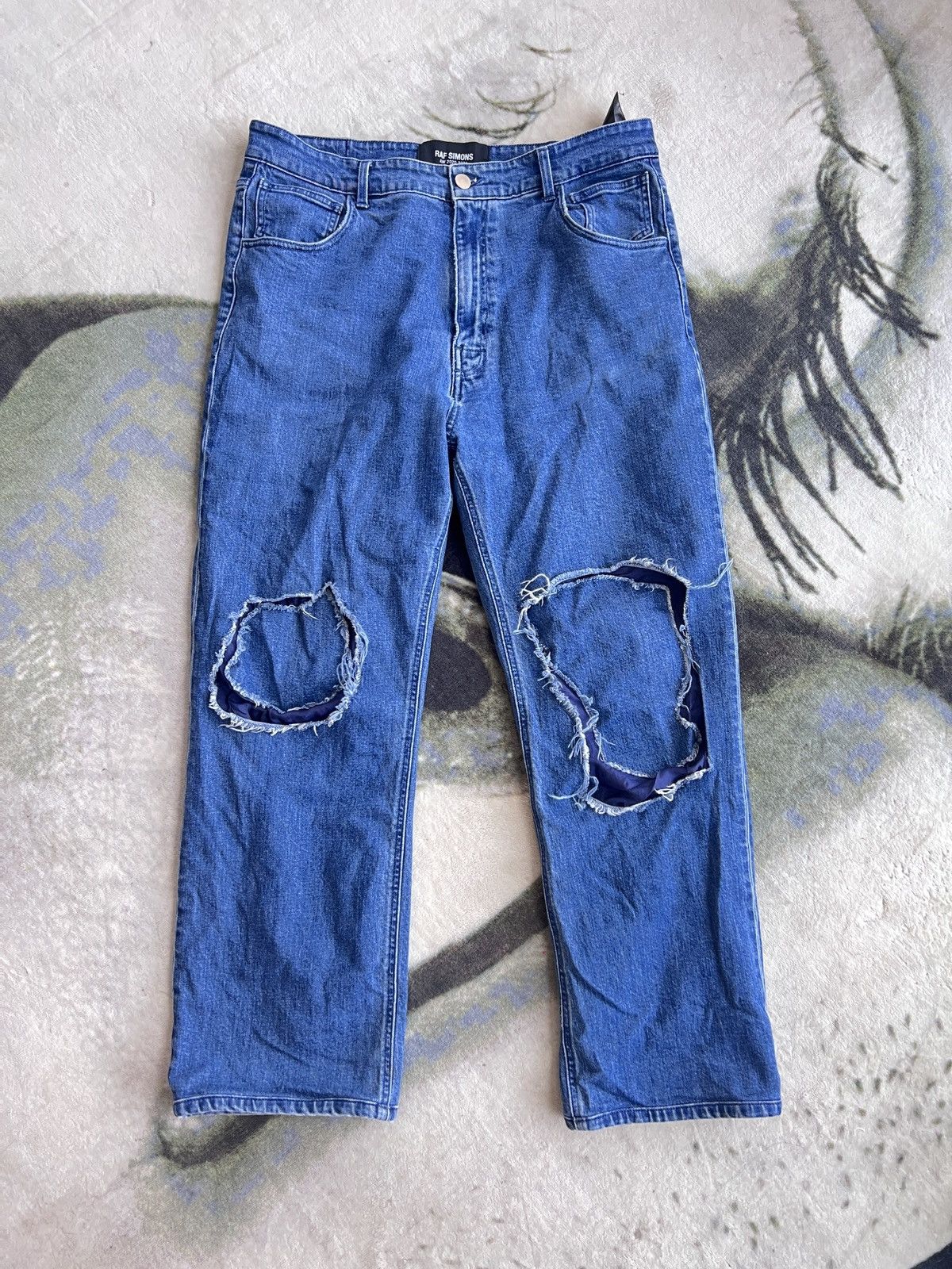 image of Raf Simons Navy Uneven Knee Patch Jeans, Men's (Size 34)
