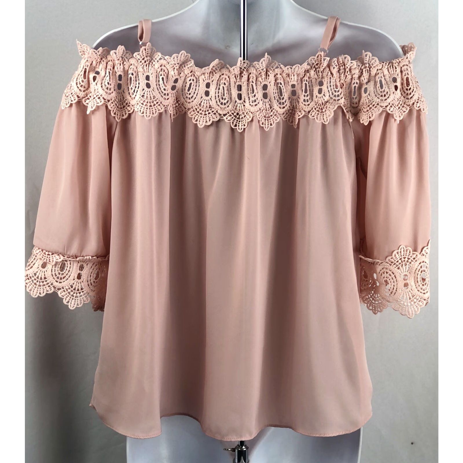Vintage VINTAGE By By Off shoulder top Shirt L Pink Lace Chiffon Bohemian Fairy Y2K 90s Romantic Coquette Peasant Size L / US 10 / IT 46 - 3 Thumbnail