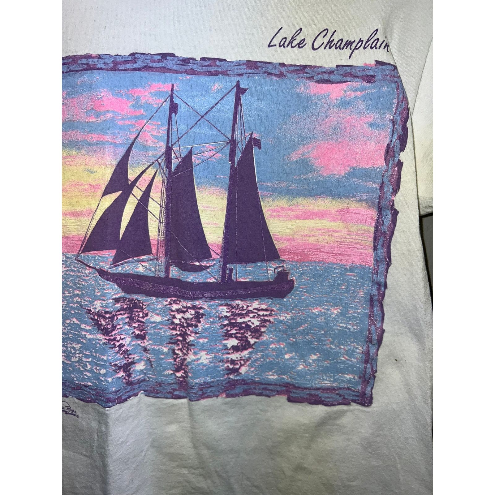 Fruit Of The Loom Vintage Lake Champlain Shirt Sailboat Sunset Tee VA 90s M Size US M / EU 48-50 / 2 - 5 Thumbnail