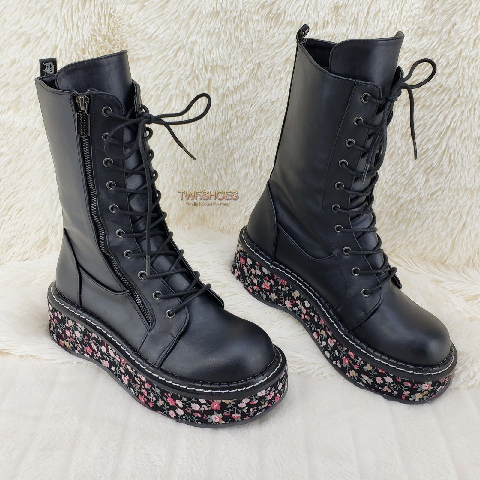 Other DEMONIA Emily 350 Black Matte Floral 2" Platform Combat Boot Size US 10 / IT 40 - 4 Thumbnail
