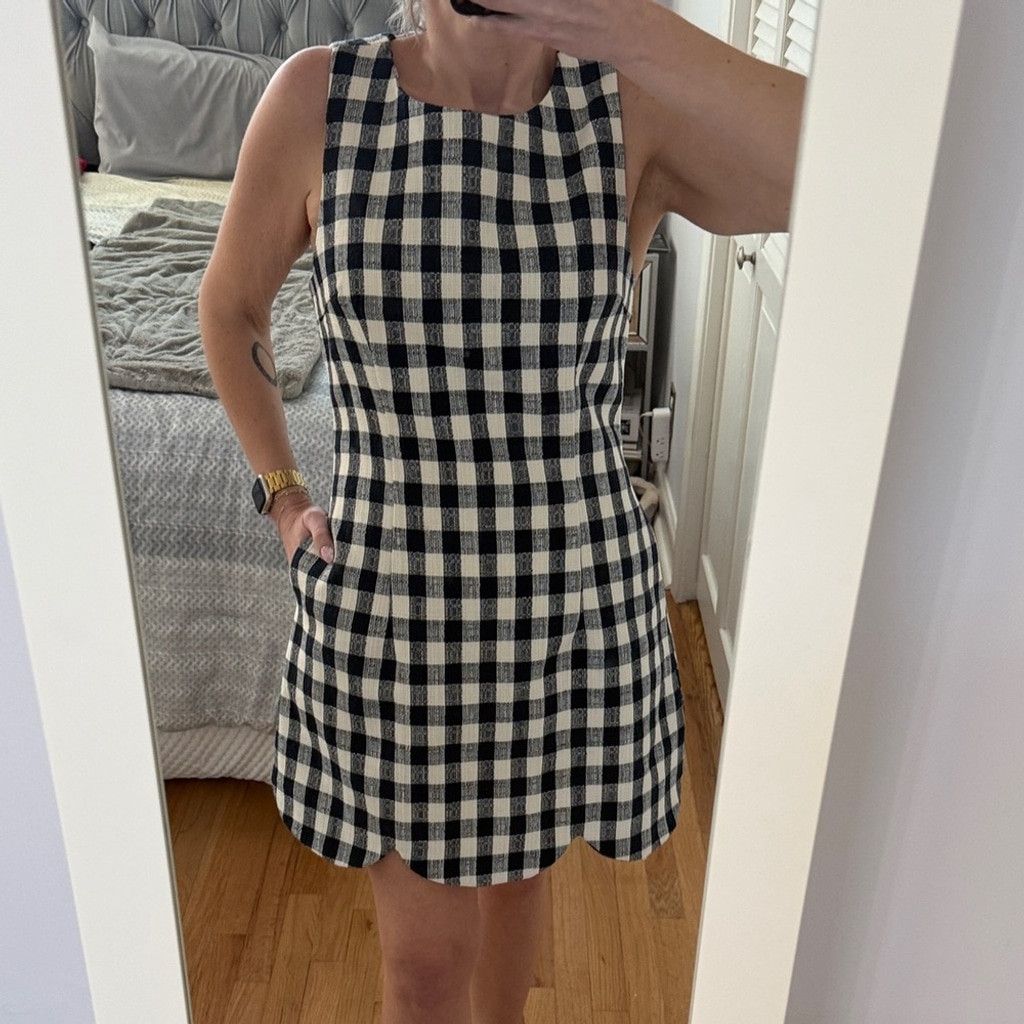 Other Sleeveless Navy & Cream Gingham Mini Dress w/ Scalloped Hem Size L / US 10 / IT 46 - 2 Thumbnail