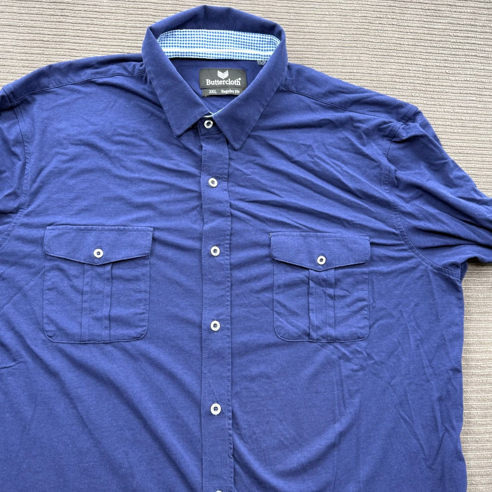 Vintage Buttercloth Shirt Mens 2XL Regular Blue Long Sleeve Button-Up Stretch Pockets Knit Cotton Rayon Spandex Confident Workwear Casual Size US XXL / EU 58 / 5 - 7 Thumbnail