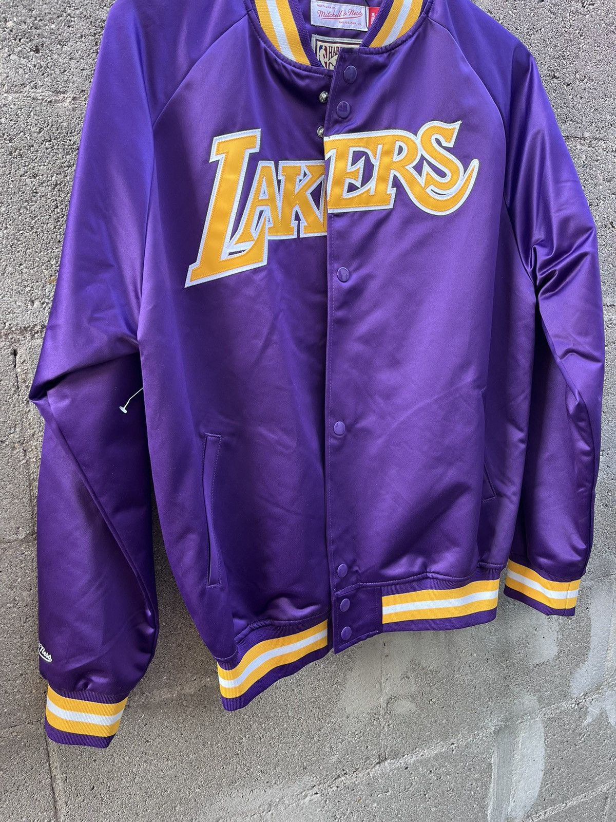 image of L A Lakers x NBA Lakers Satin Bomber Jacket in Purple, Men's (Size Large)