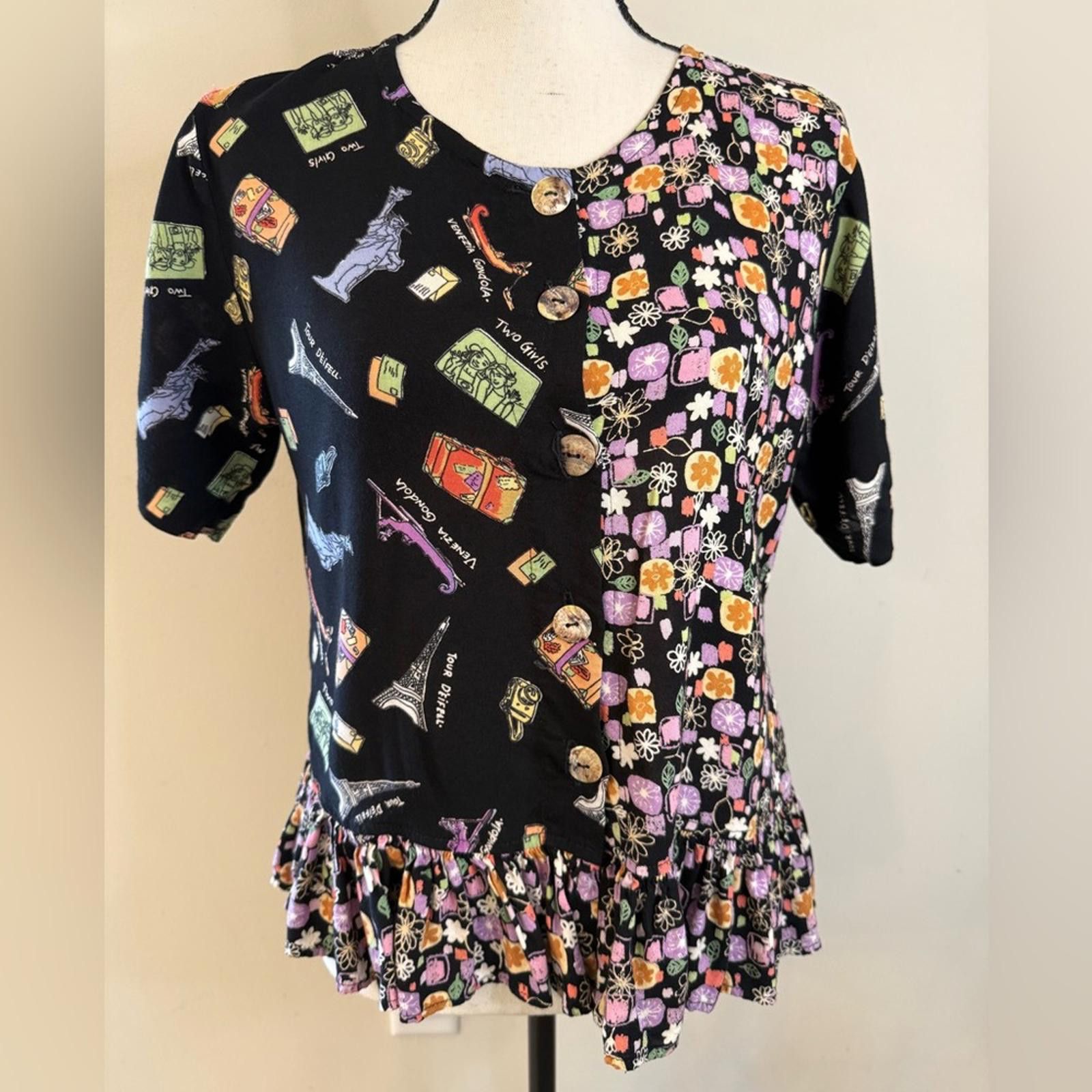Other Nicole Marie novelty print short sleeve ruffled top SZ S/M Size M / US 6-8 / IT 42-44 - 1 Thumbnail