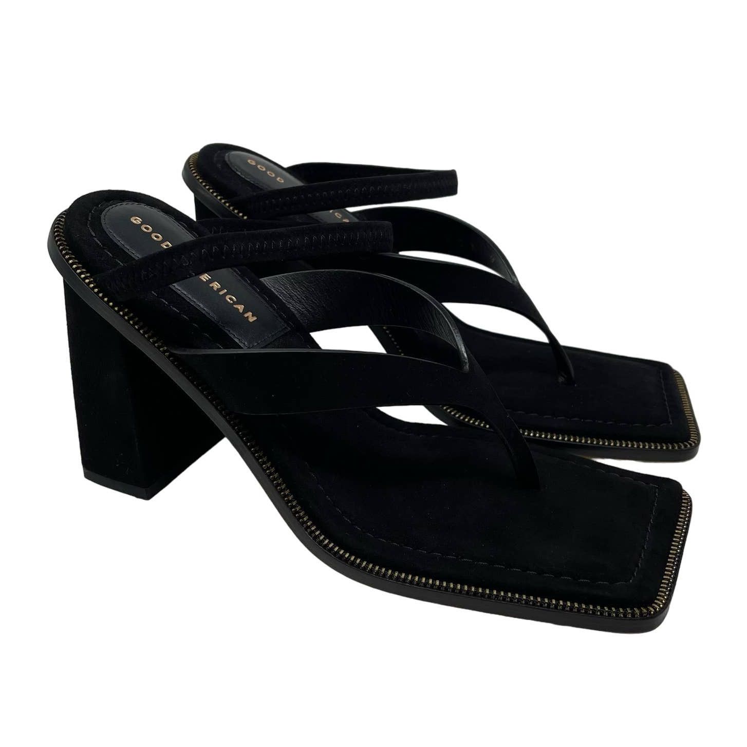 Good American Square Toe Thong Block Heels Suede Black 9