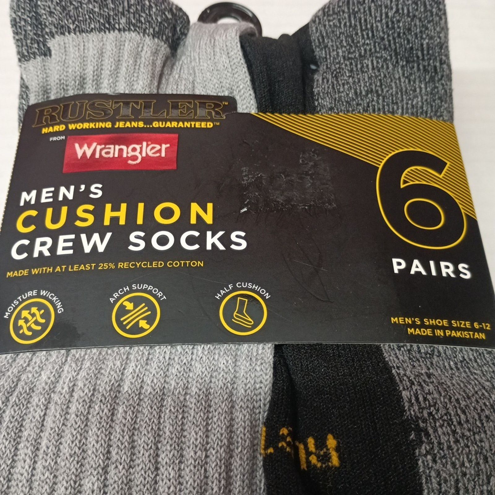 Wrangler Wrangler Rustler Men’s Cushion Crew Socks 6 Pk Black Grey Size ONE SIZE - 2 Thumbnail