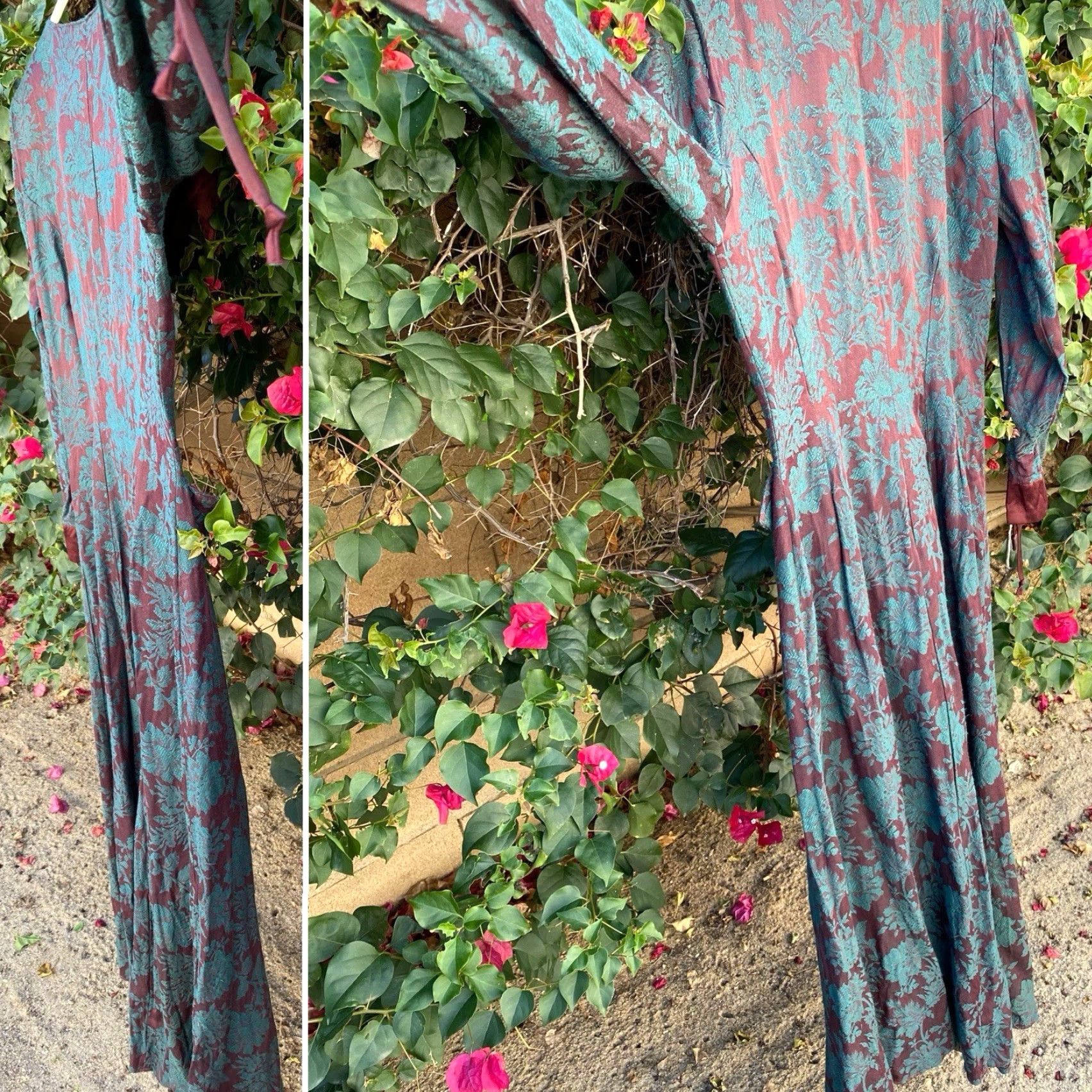 VINTAGE Karen Alexander Maxi Dress 1980s 1990s Floral Jacquard Burgundy Green USA 8 Red Bohemian Shirt?