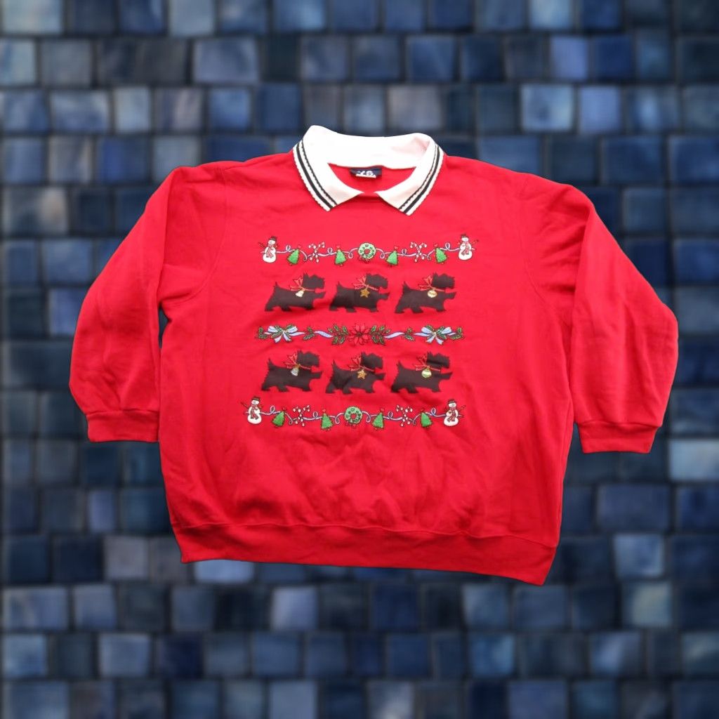 Vintage VTG YS America Christmas Sweatshirt Collared Red 2X Women Winter Pullover Dog Snowman 90s Size XXL / US 16-18 / IT 52-54 - 1 Thumbnail